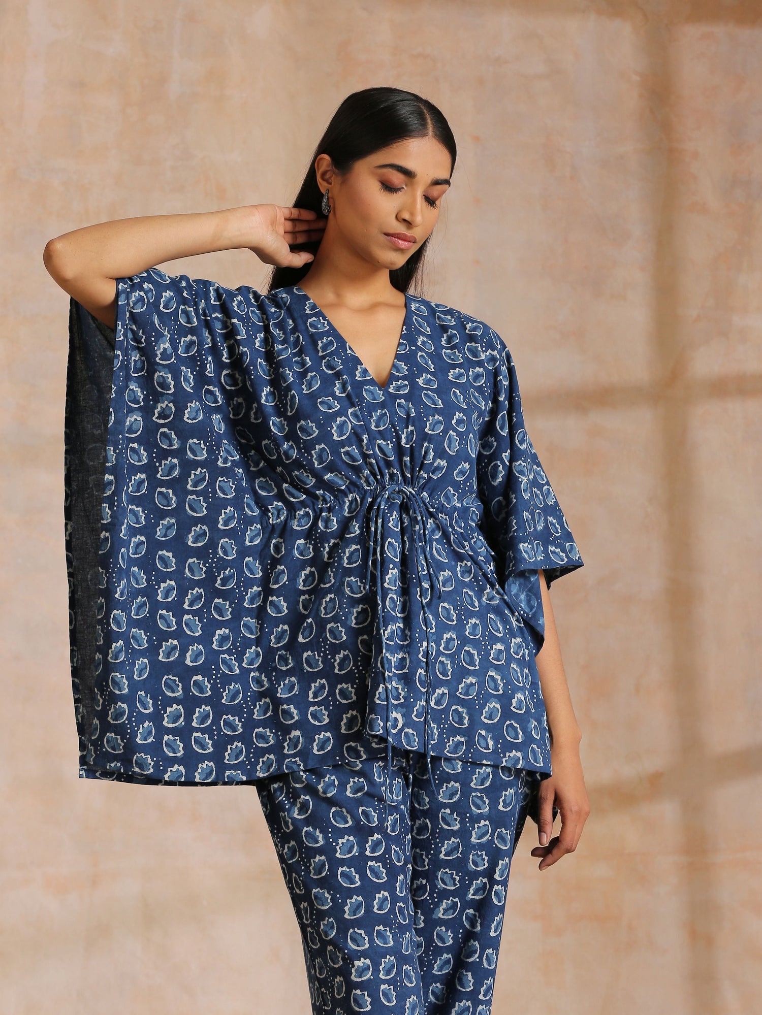 Indigo Dabu Floral Print Cotton Kaftan Co-Ord Set