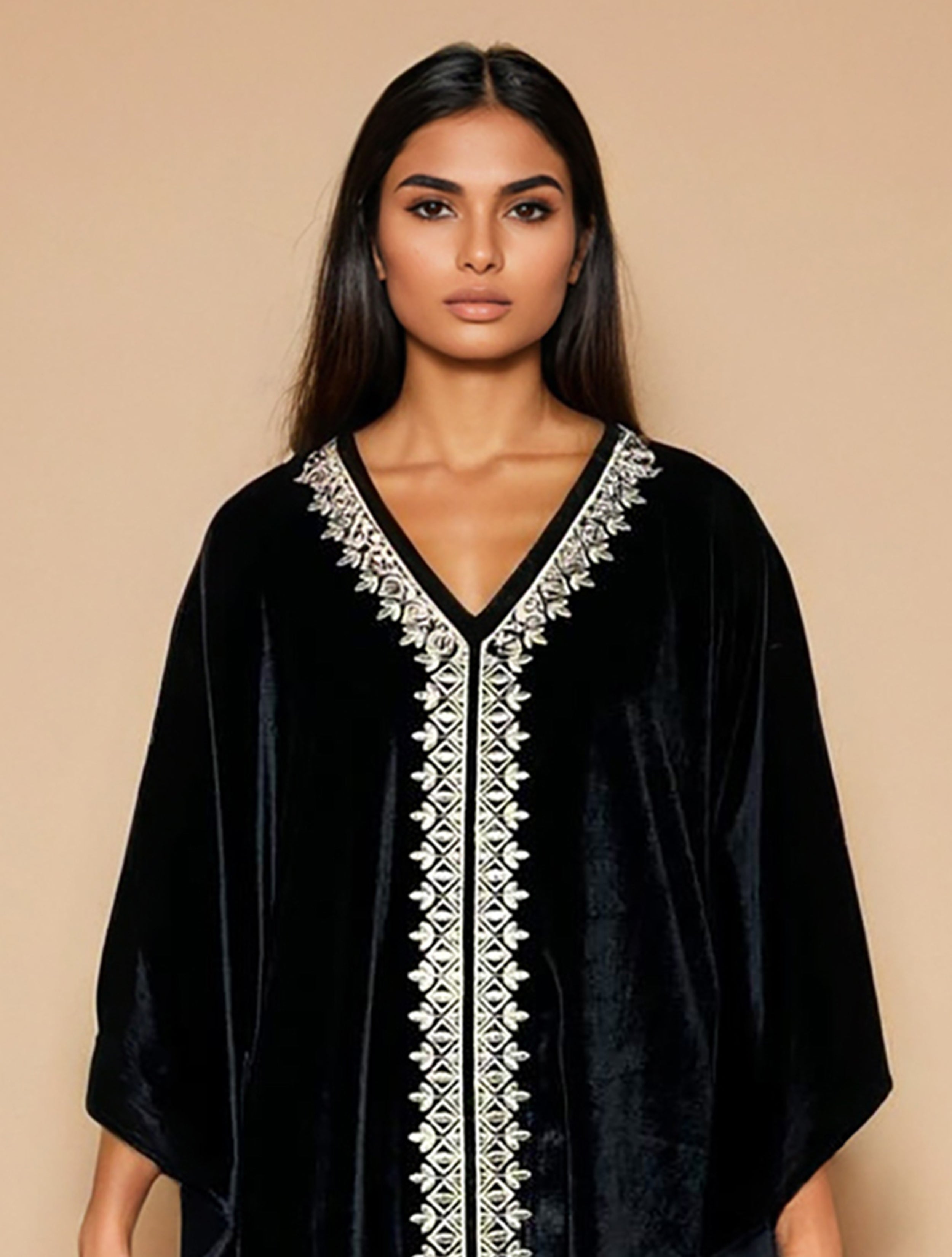 trueBrowns Black Velvet Embroidered Kaftan Kurta Set