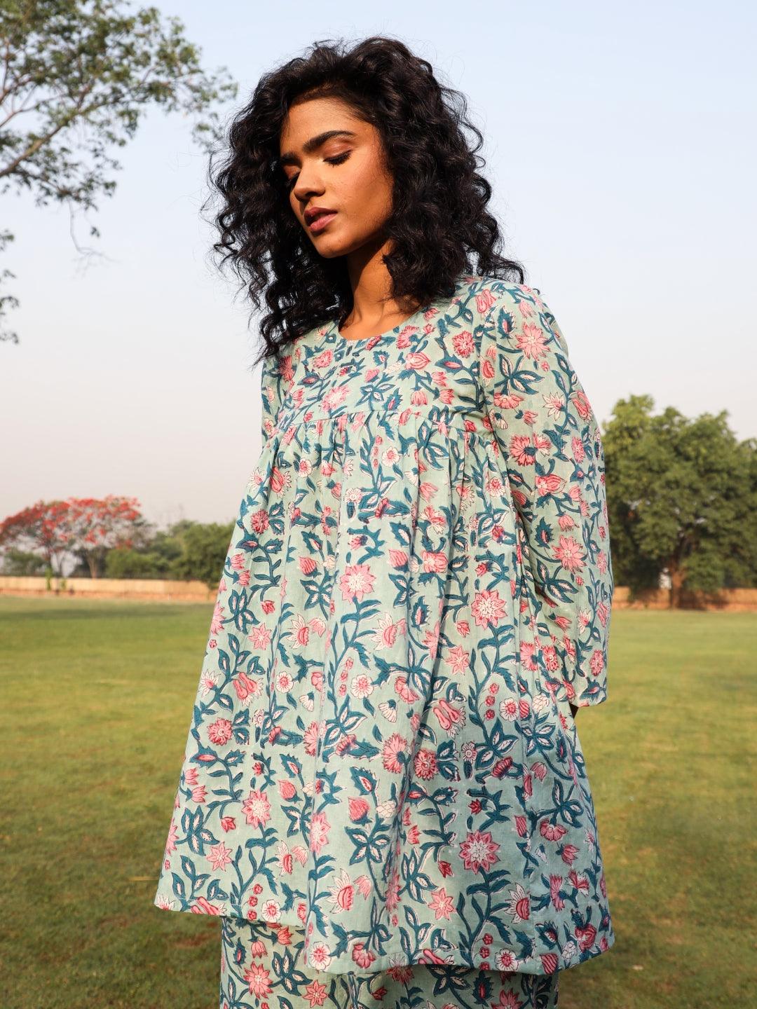 Eggshell Blue Cotton Block Print Gathered Co-Ord Set - trueBrowns