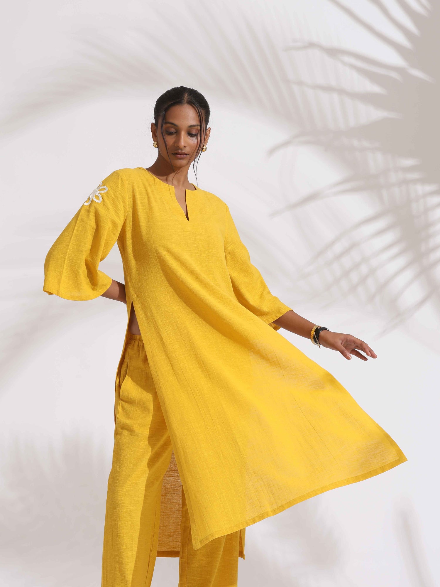 trueBrowns Yellow Cotton Slub Embroidered Straight Kurta Set