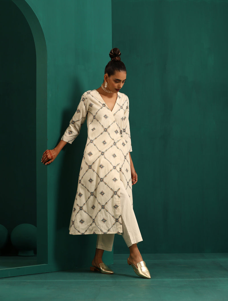 trueBrowns Ivory Embroidered Angrakha Kurta Pant Set