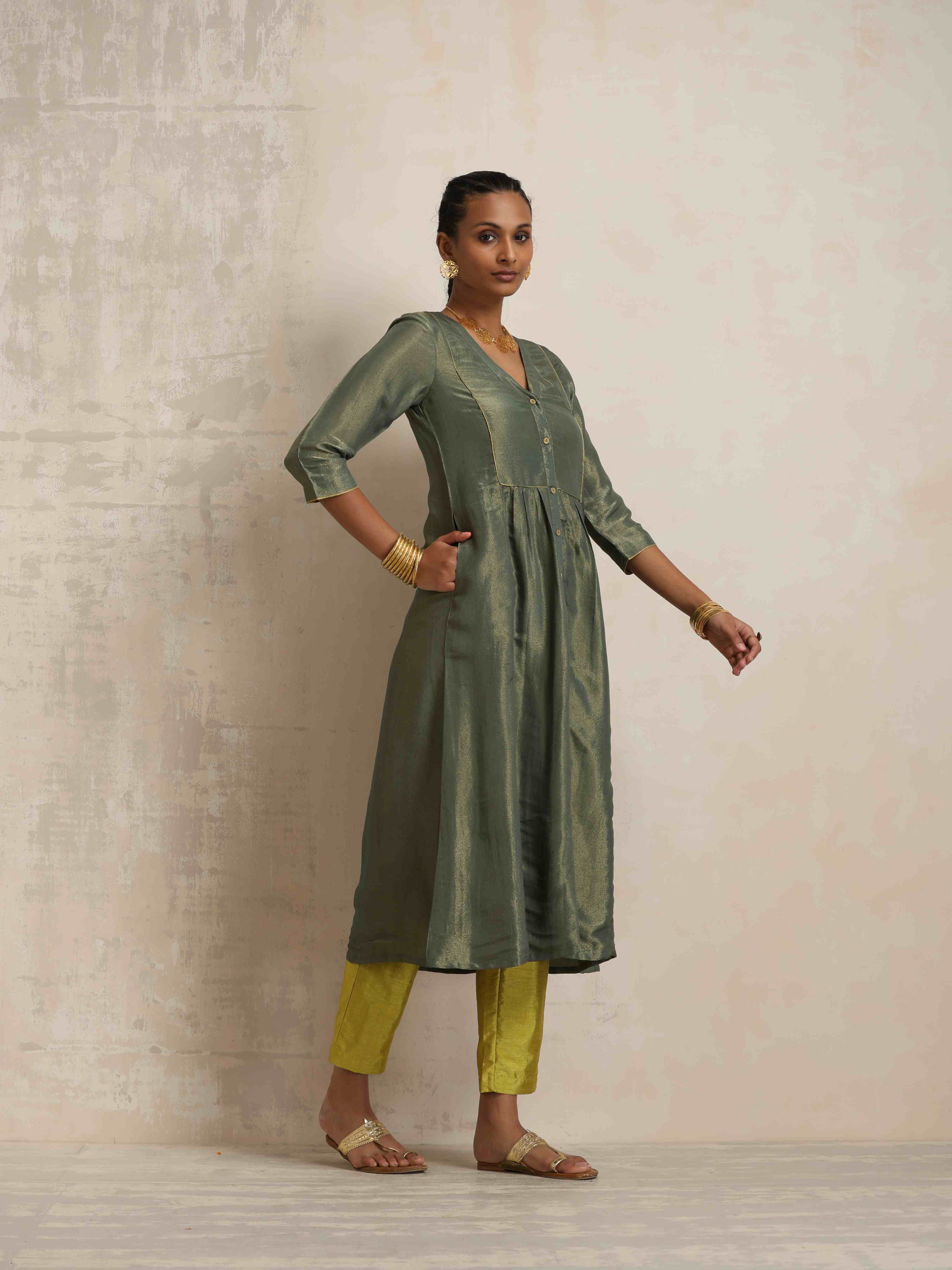trueBrowns Green Tissue A-line Kurta Set