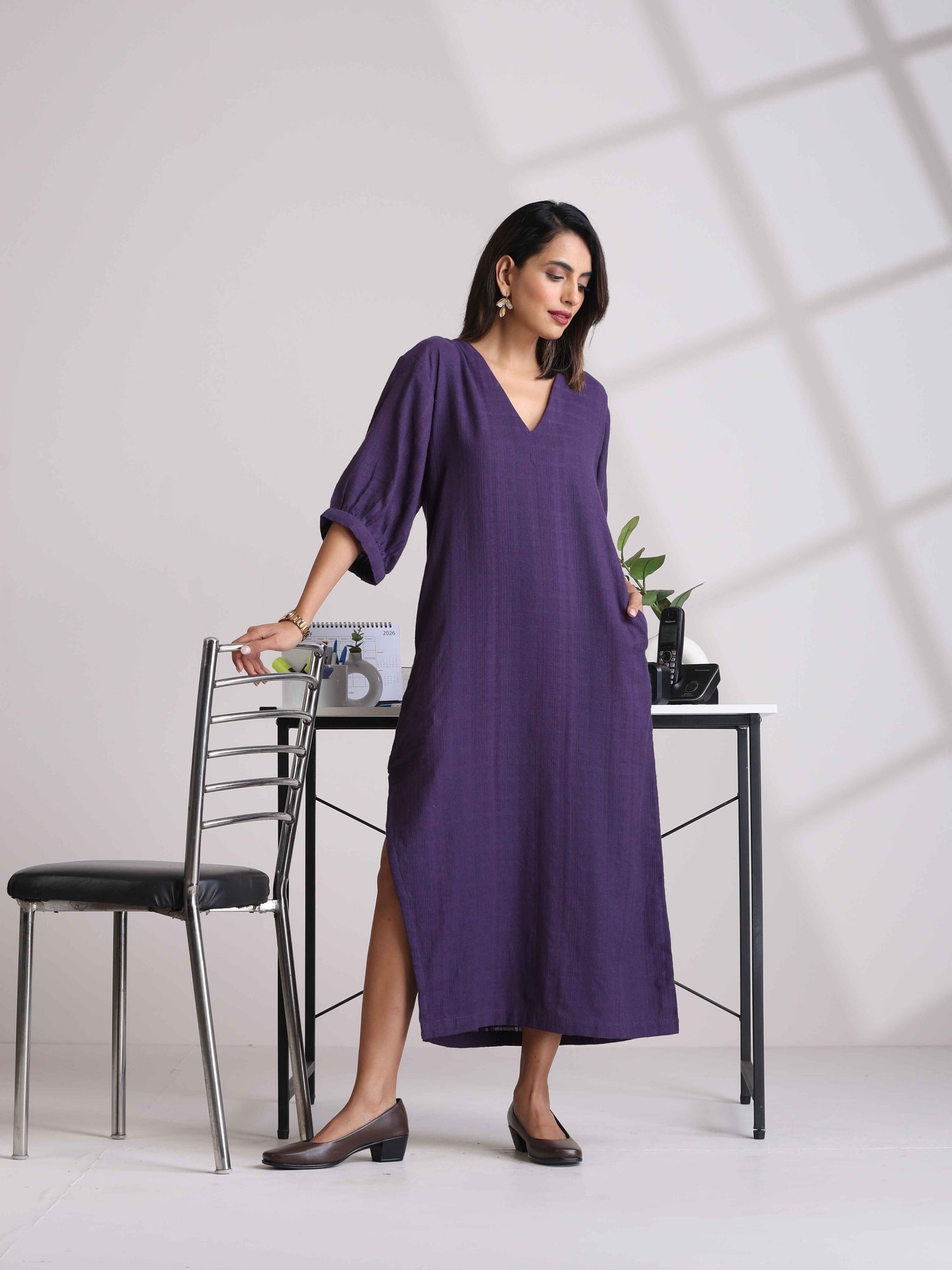 trueBrowns Purple Cotton Dobby Slit Dress