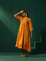 trueBrowns Mustard Geometric Floral Viscose Silk Kurta Pant Set