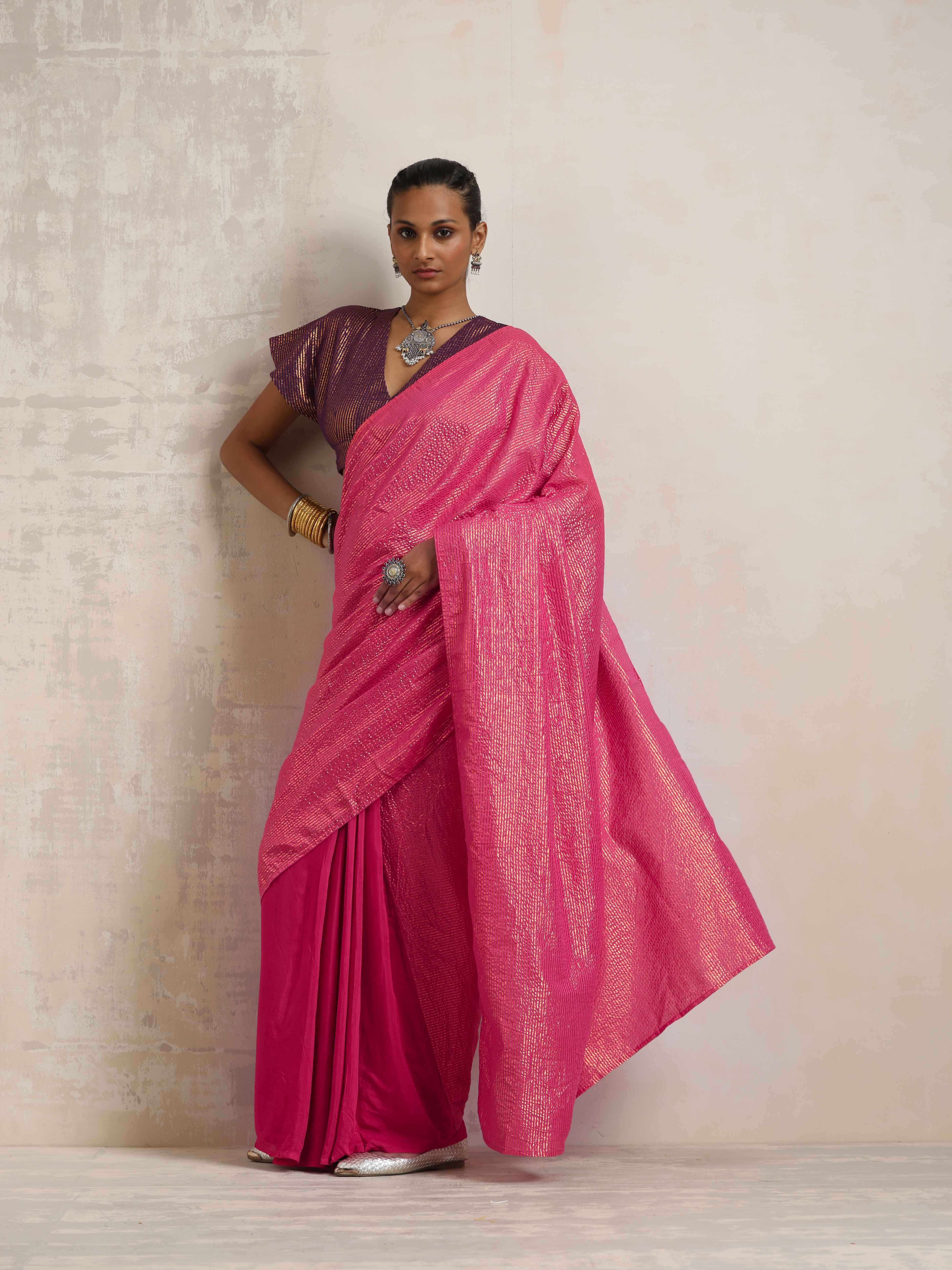 trueBrowns Pink Gold Lurex Ready To Wear Saree