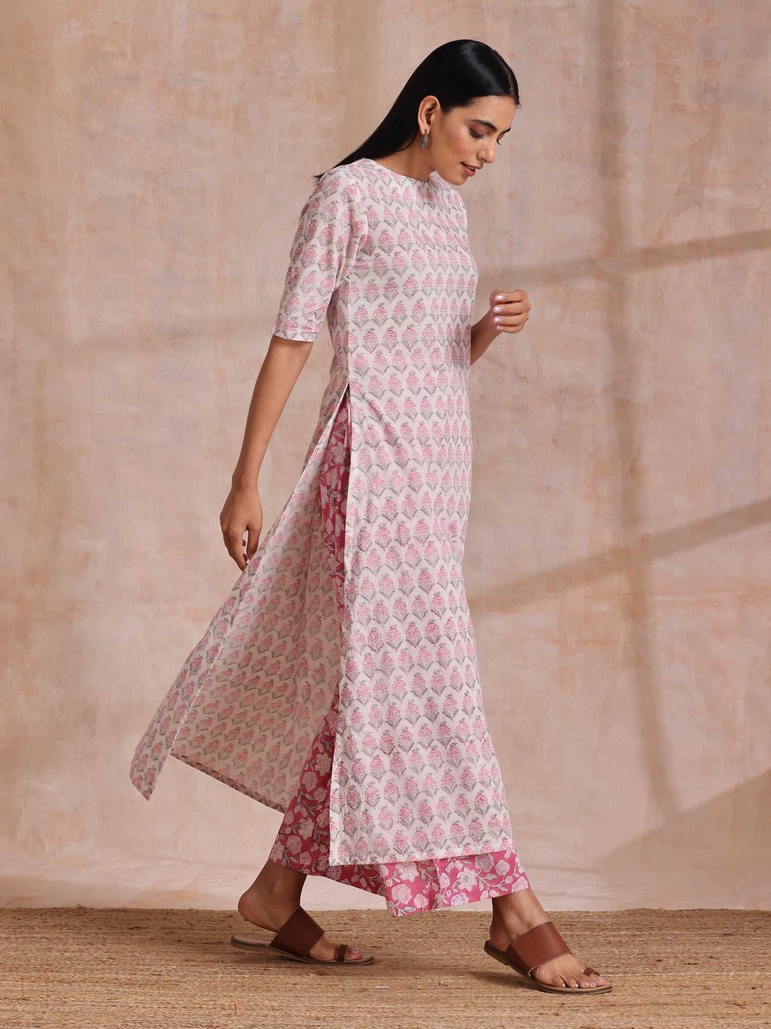Pink Green Floral On White Block Print Cotton Slit Kurta Pant Set