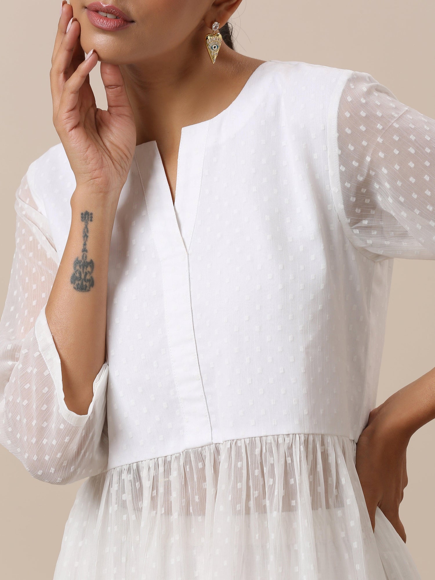 Chiffon White Dobby Flared Kurta Pant Set - trueBrowns
