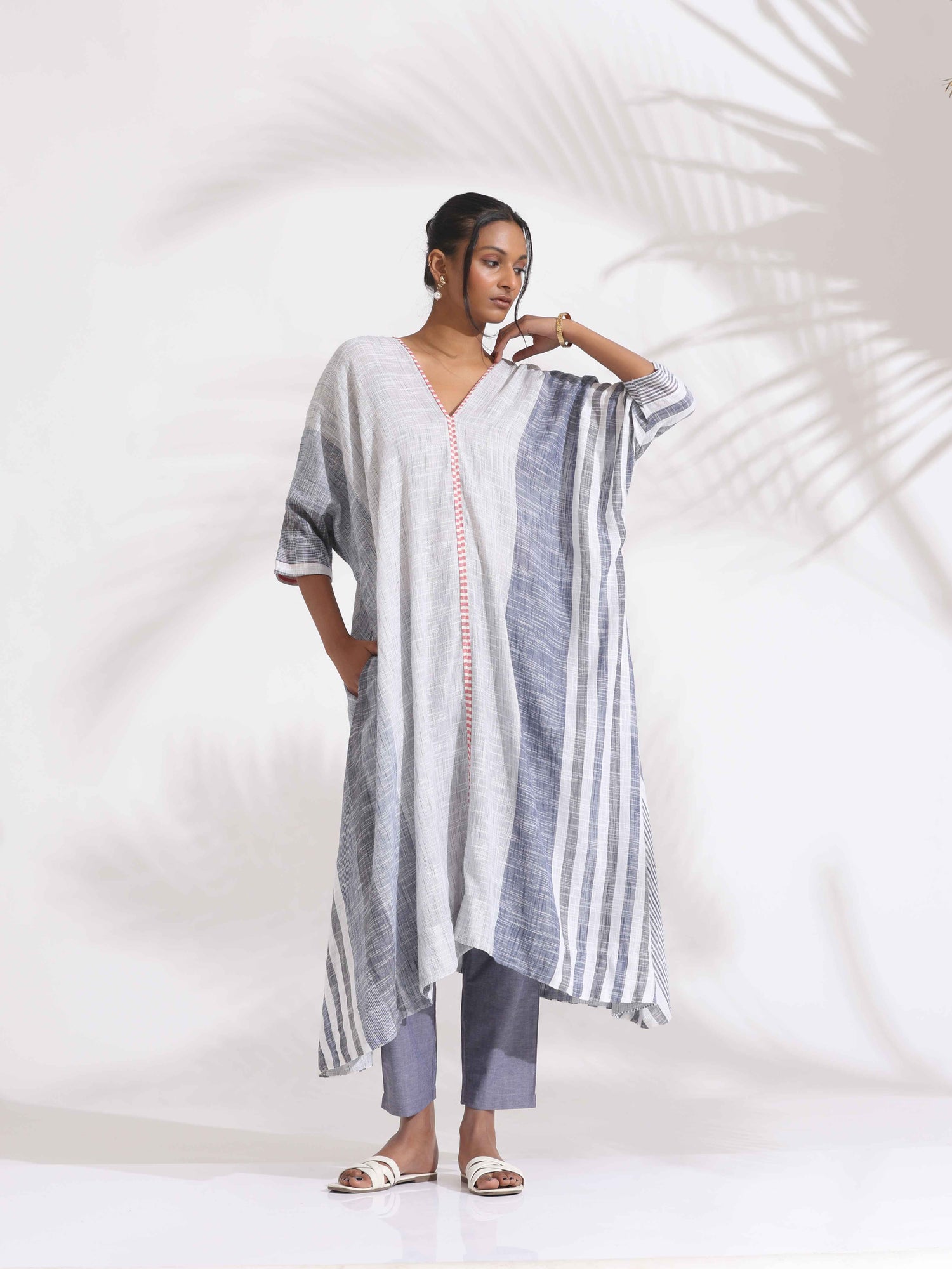 trueBrowns Off-White Cotton Multi Stripe Flared Kurta Set
