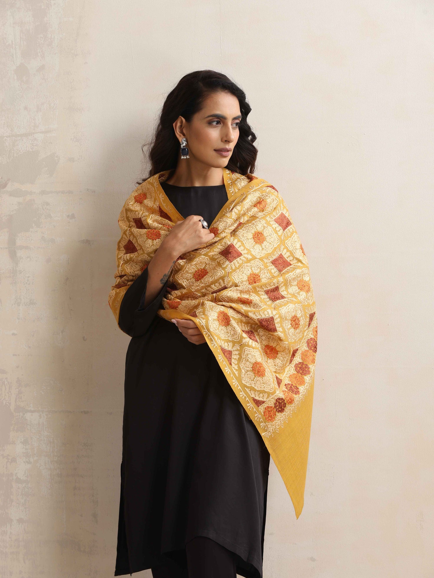 trueBrowns Mustard Embroidered  Woollen Stole