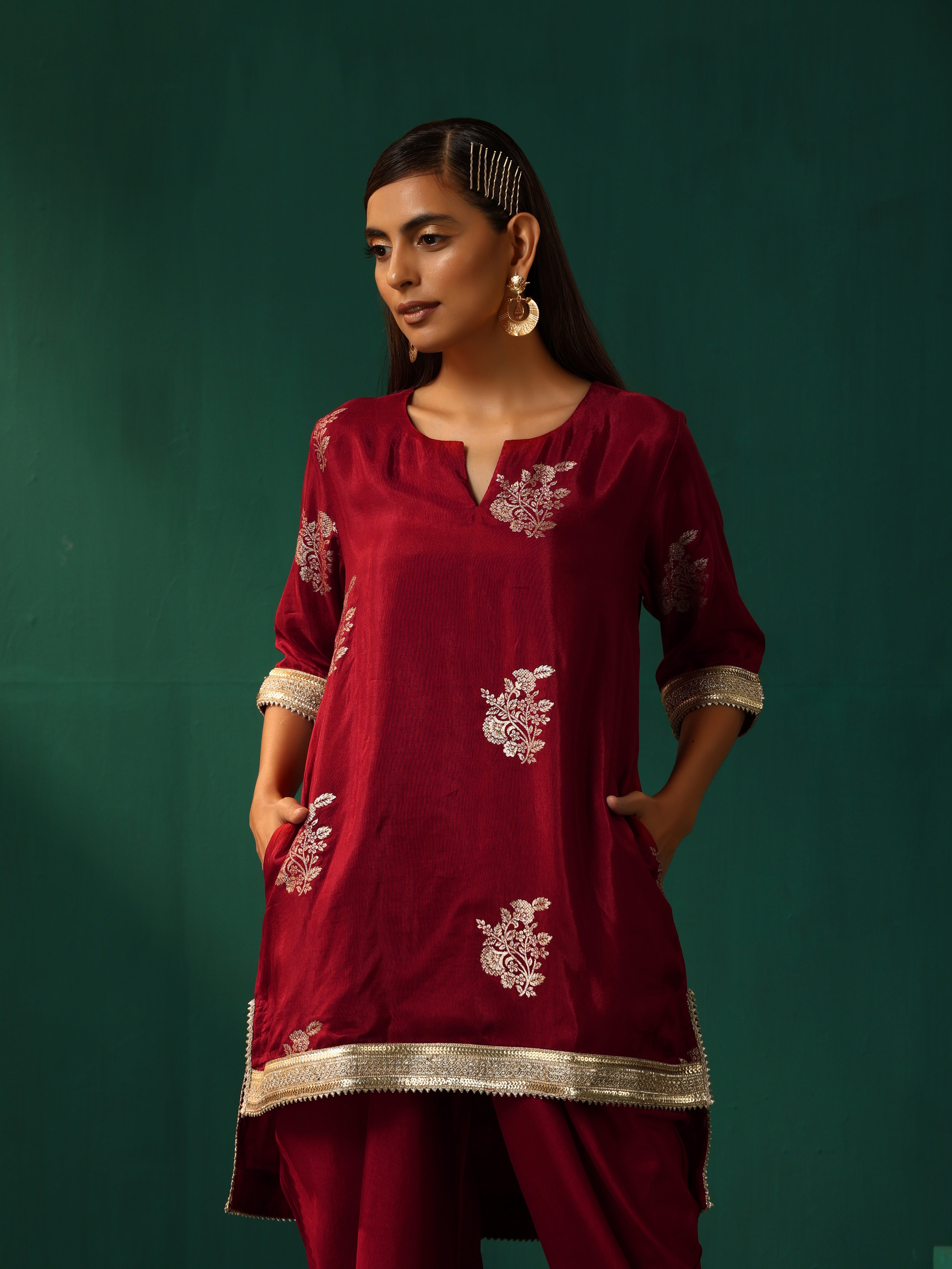 trueBrowns Maroon Floral Viscose Silk Co-ord Set