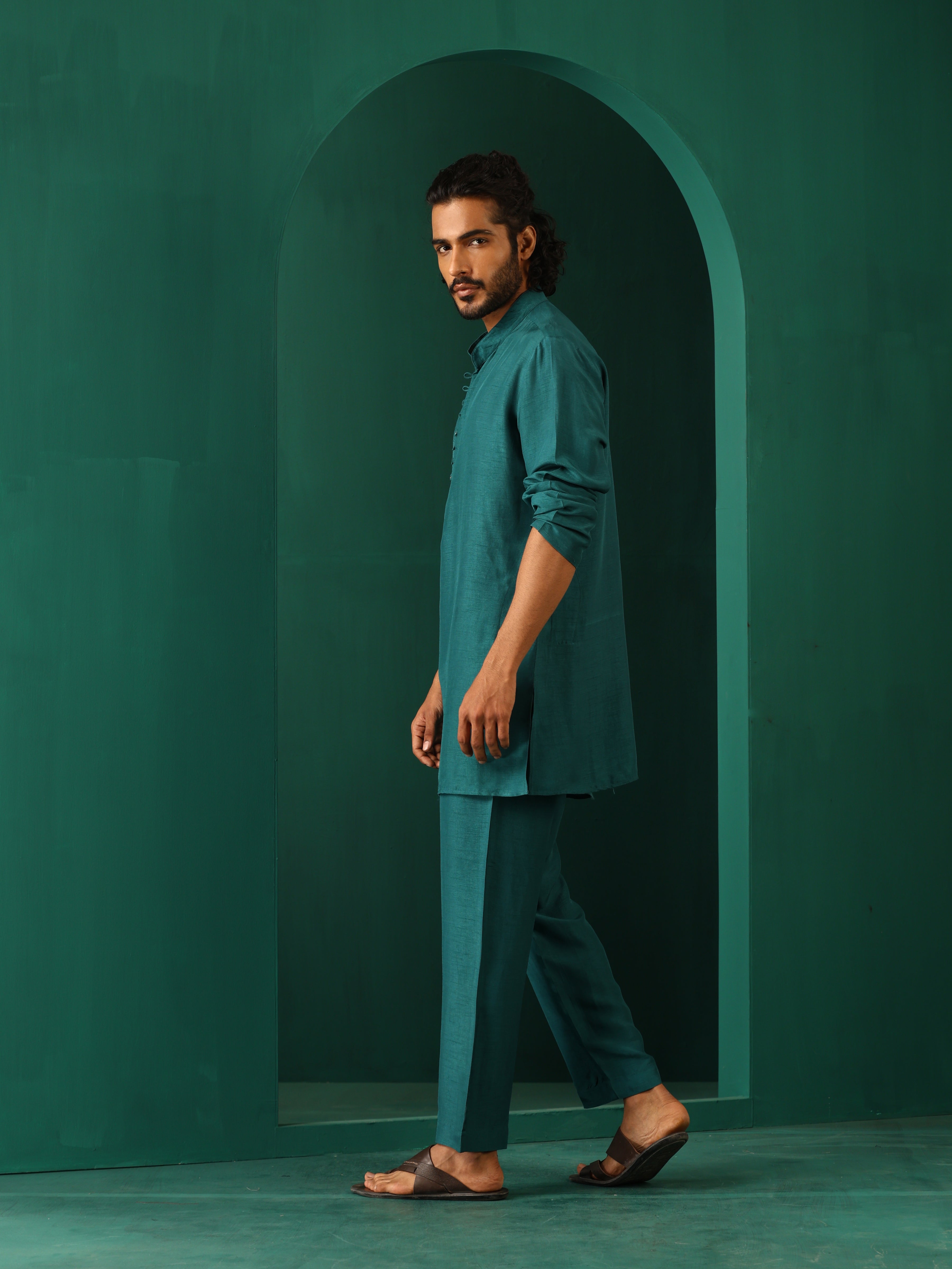 trueBrowns Men Teal Silk Co-ord Set