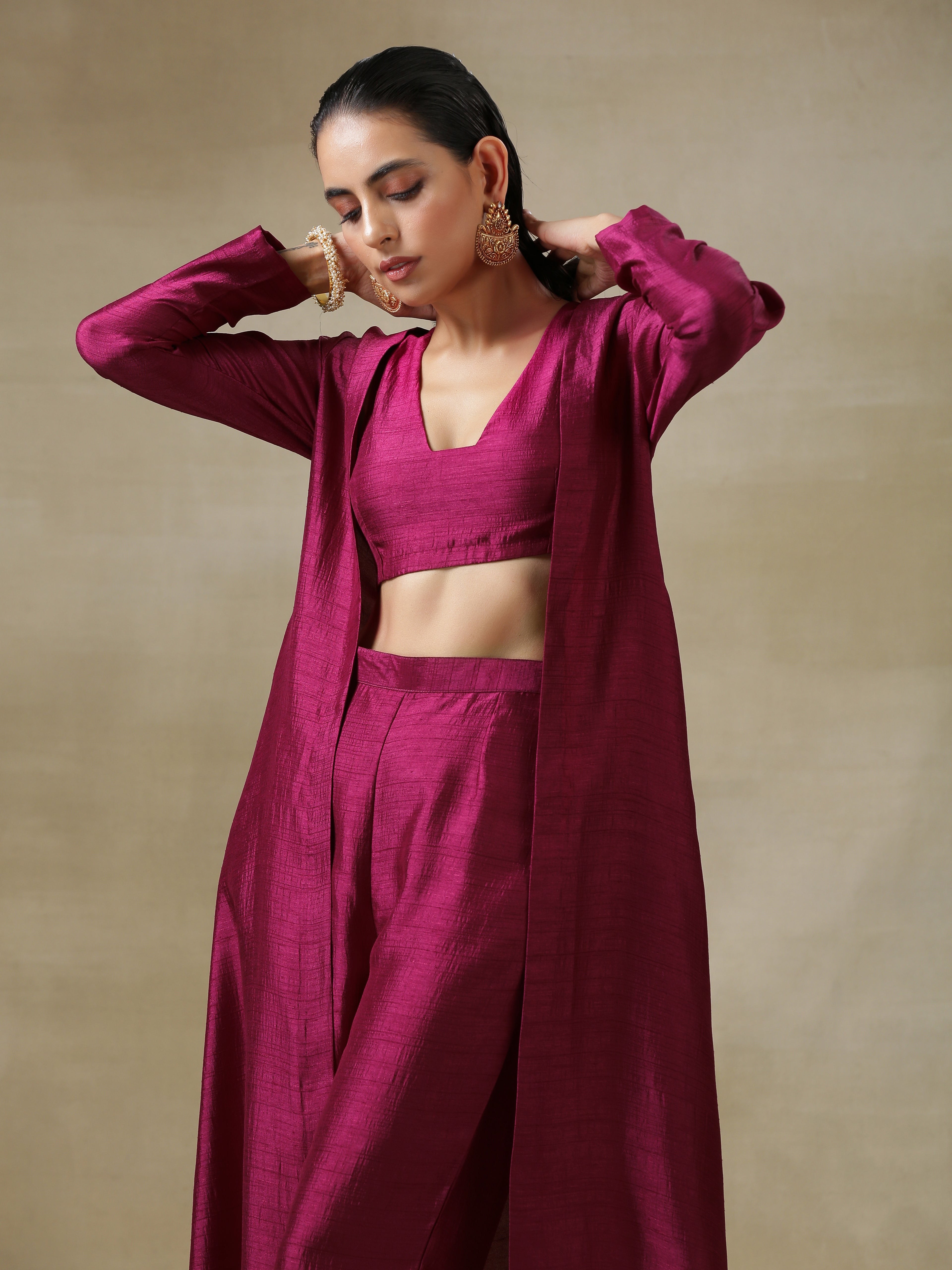 Purple Textured Silk Overlay Jacket Blouse Pant Set