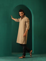 trueBrowns Men Beige Dobby Textured Kurta