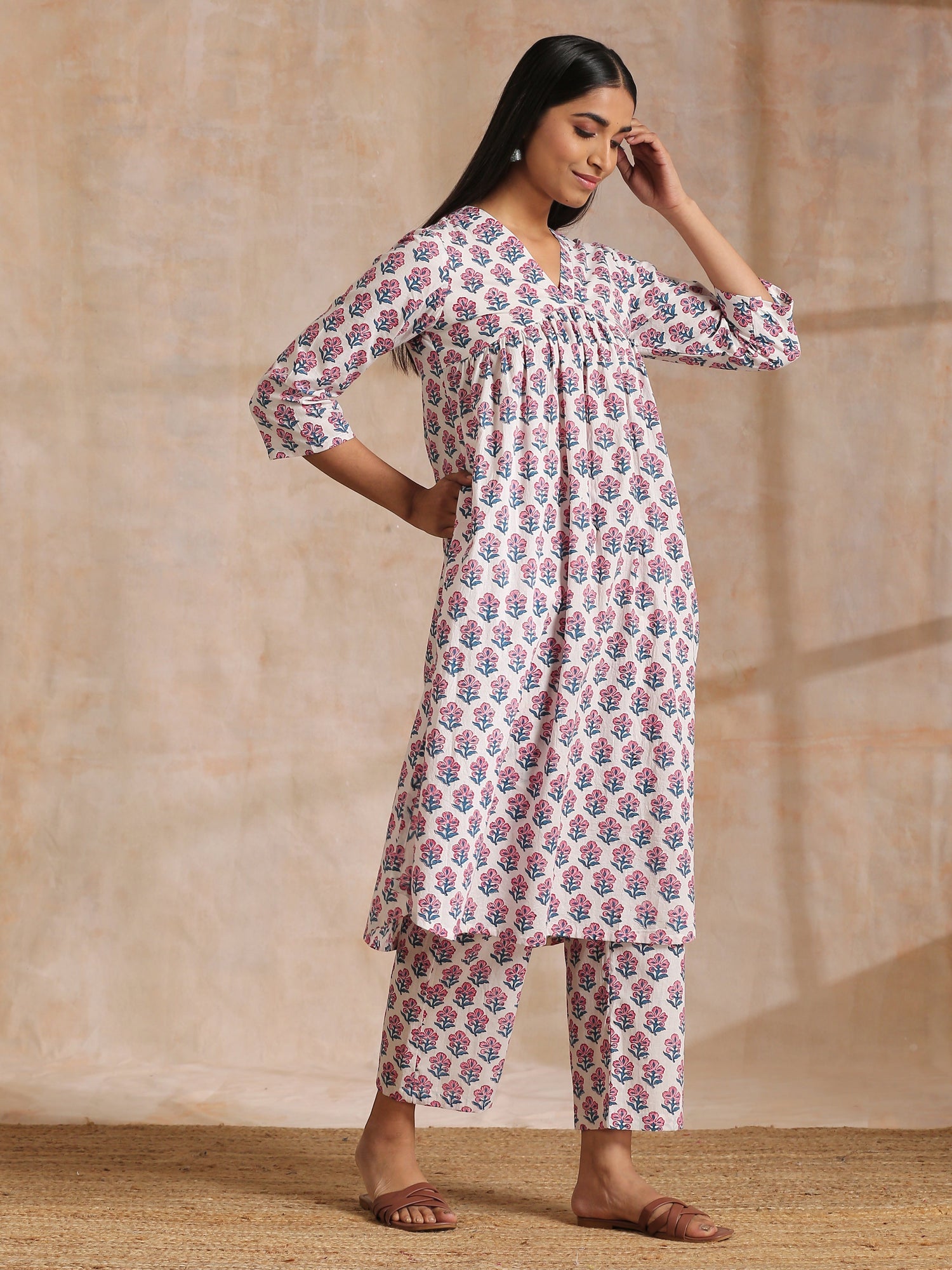 White With Pink Blue Floral Block Print Cotton Flared Slit Kurta Pant Set