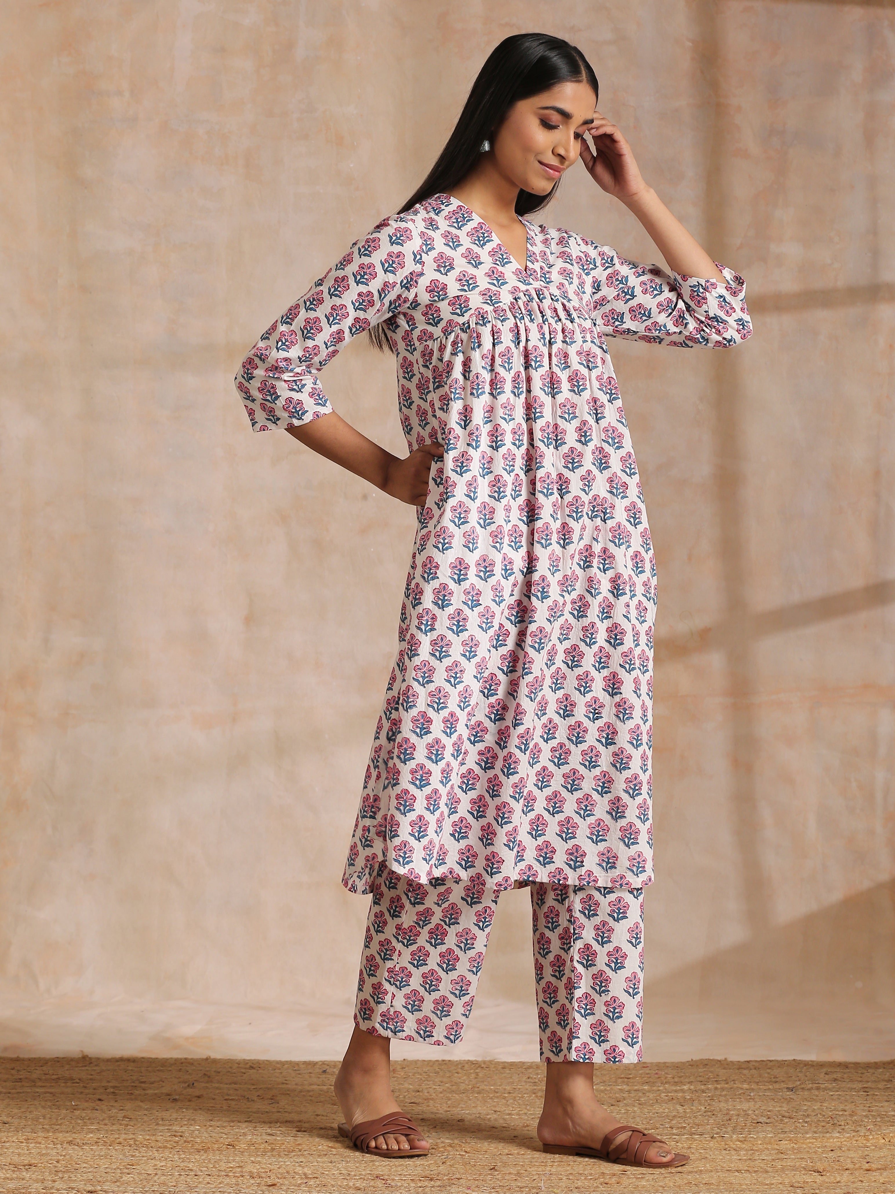 White With Pink Blue Floral Block Print Cotton Flared Slit Kurta Pant Set
