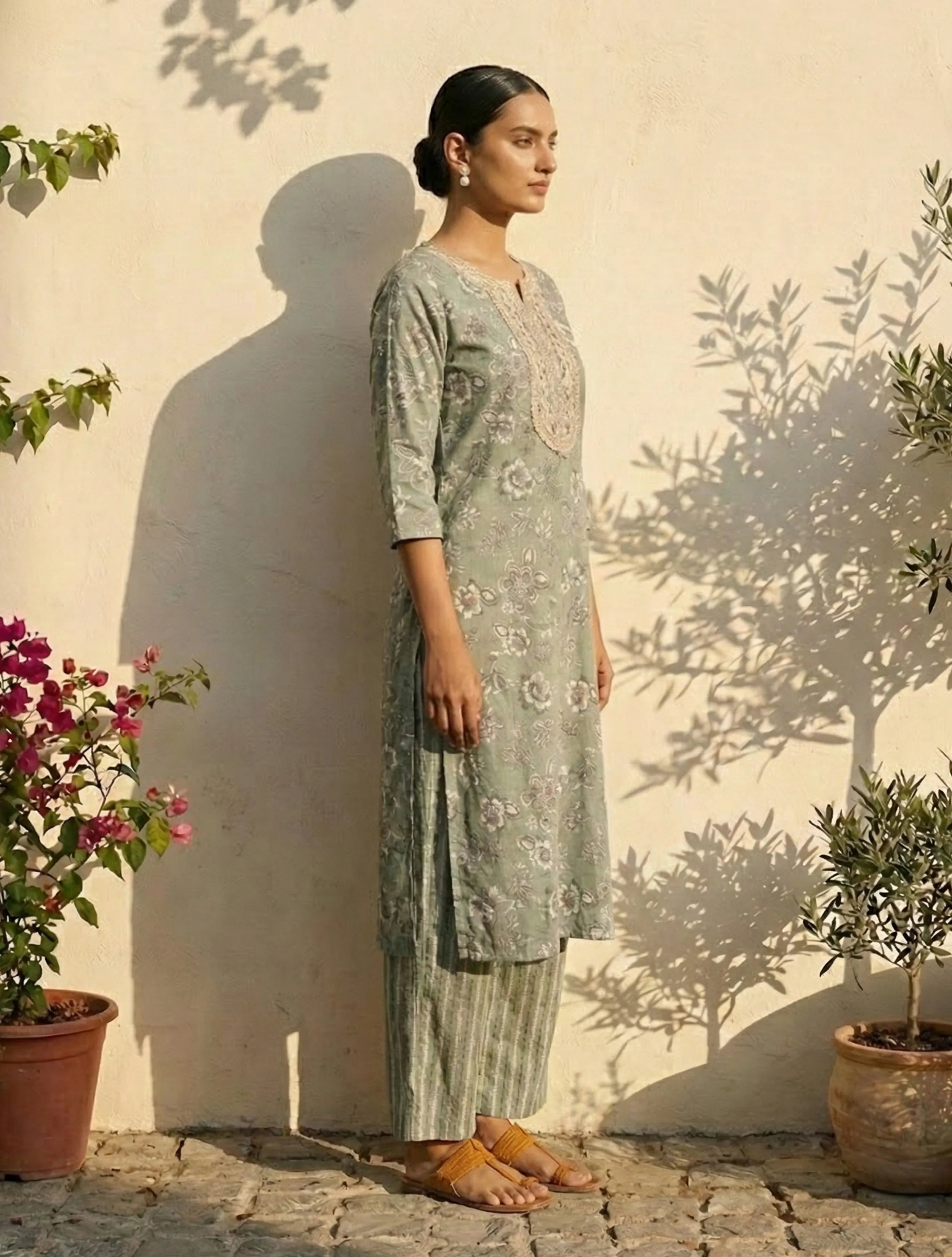 trueBrowns Sage Green Floral Print Kurta Pant Dupatta Set