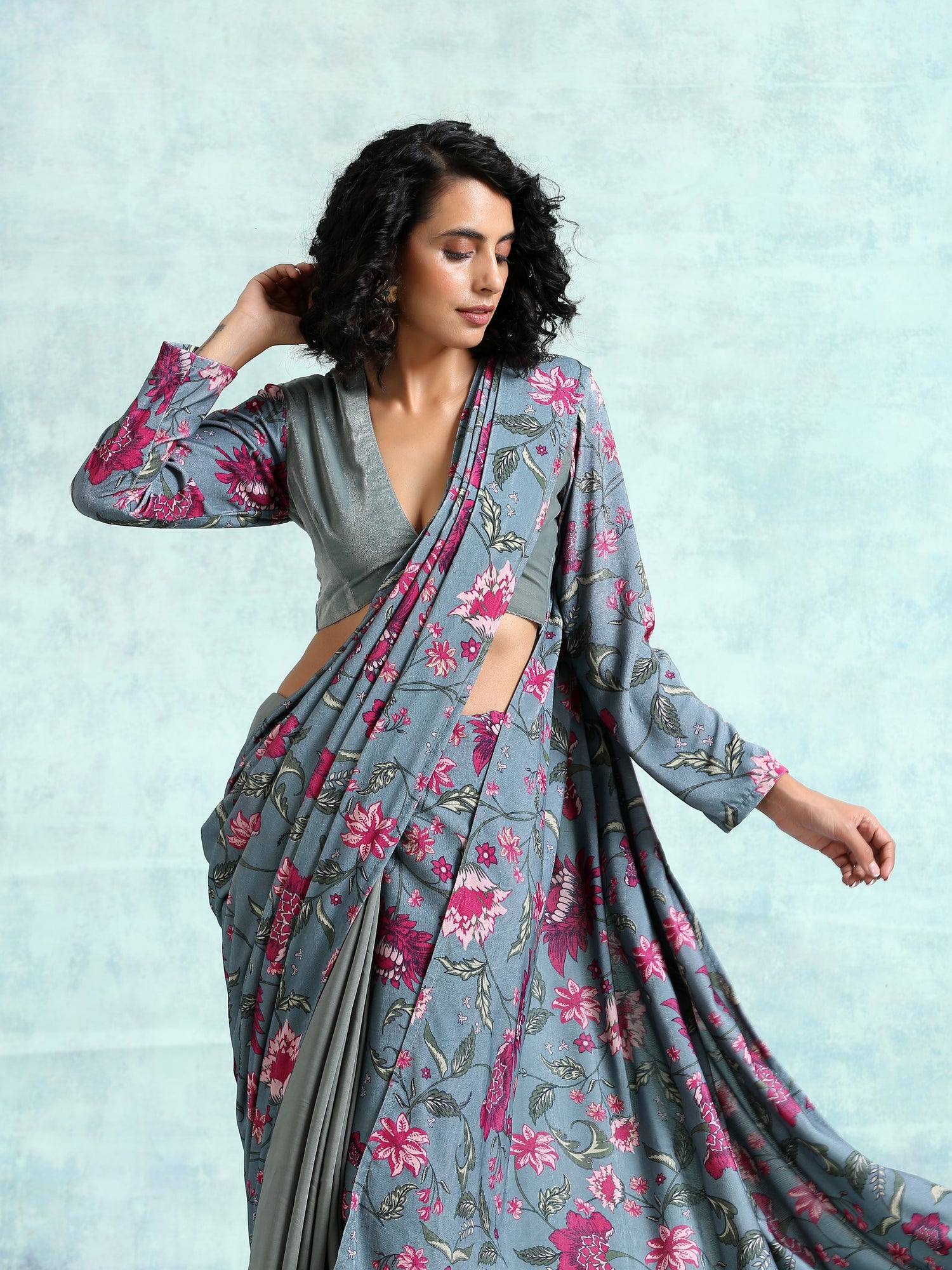 Grey Printed Velvet Ready To Wear Saree