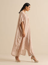 Beige White Floral Silk Print Kaftan Pant Set