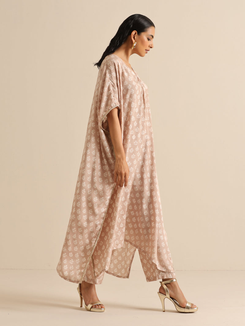 Beige White Floral Silk Print Kaftan Pant Set