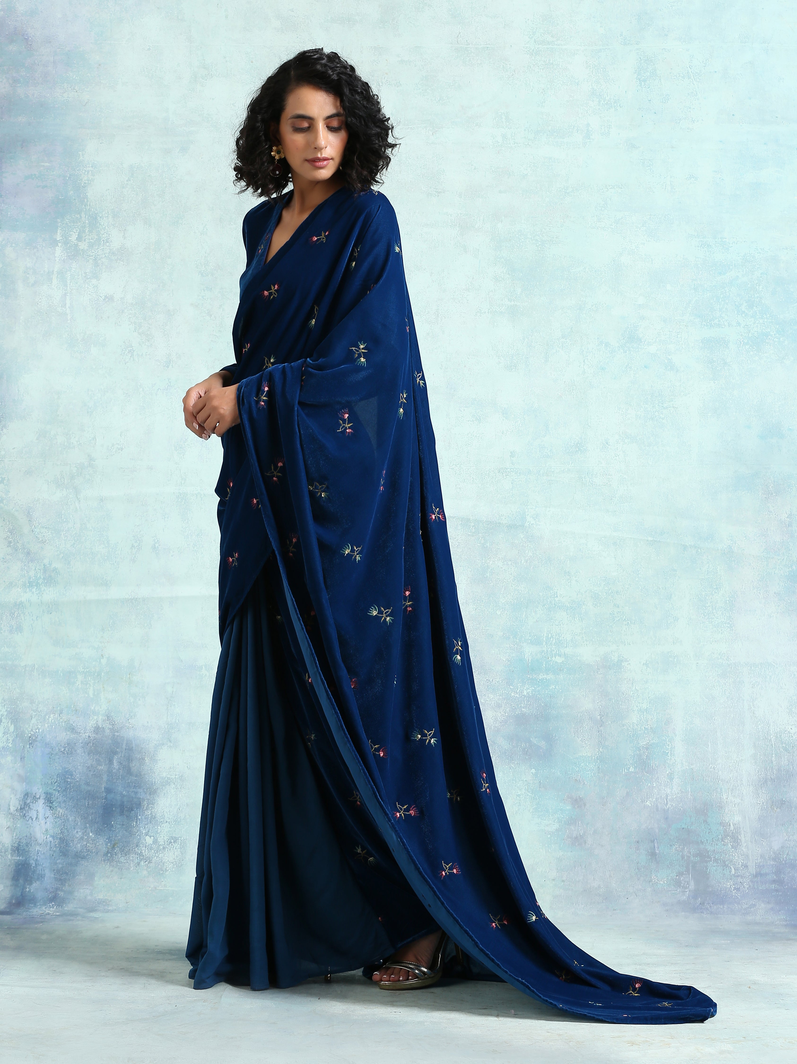 Blue Embroidered Velvet Pre-Stitched Saree