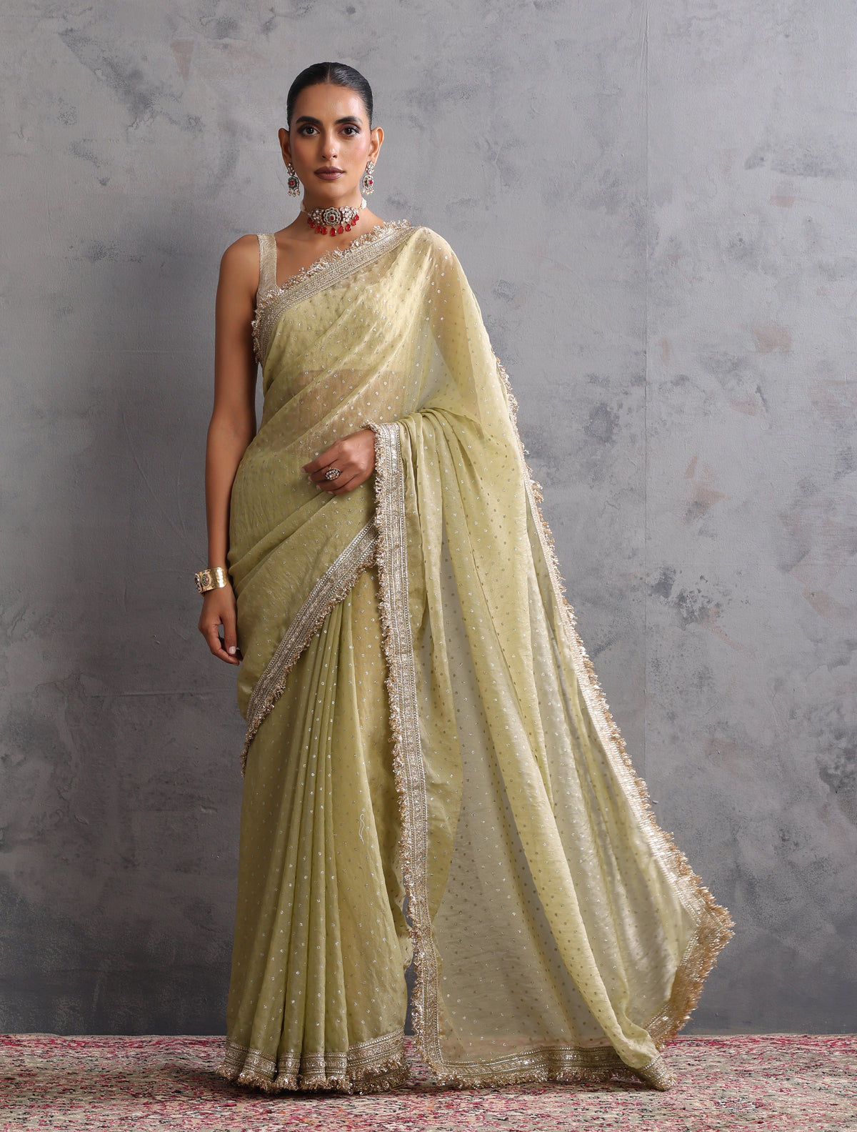 trueBrowns Light Green Tissue Foil Printed Saree With Unstitched Blouse