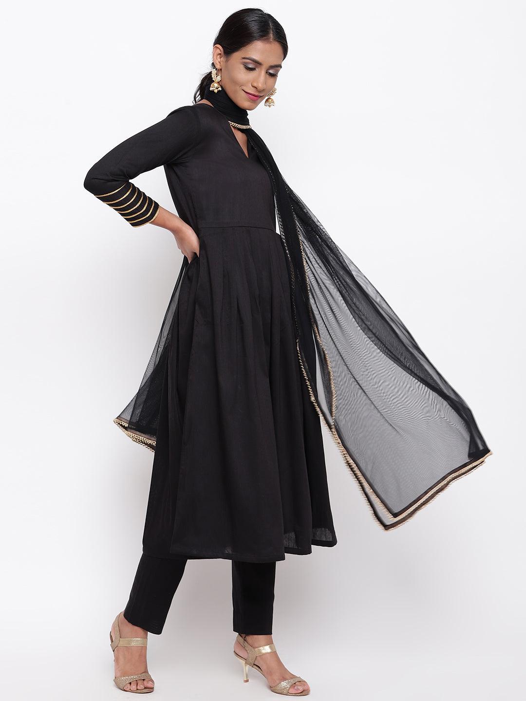 Black Embellished Sleeve Kurta-Pant-Dupatta - trueBrowns