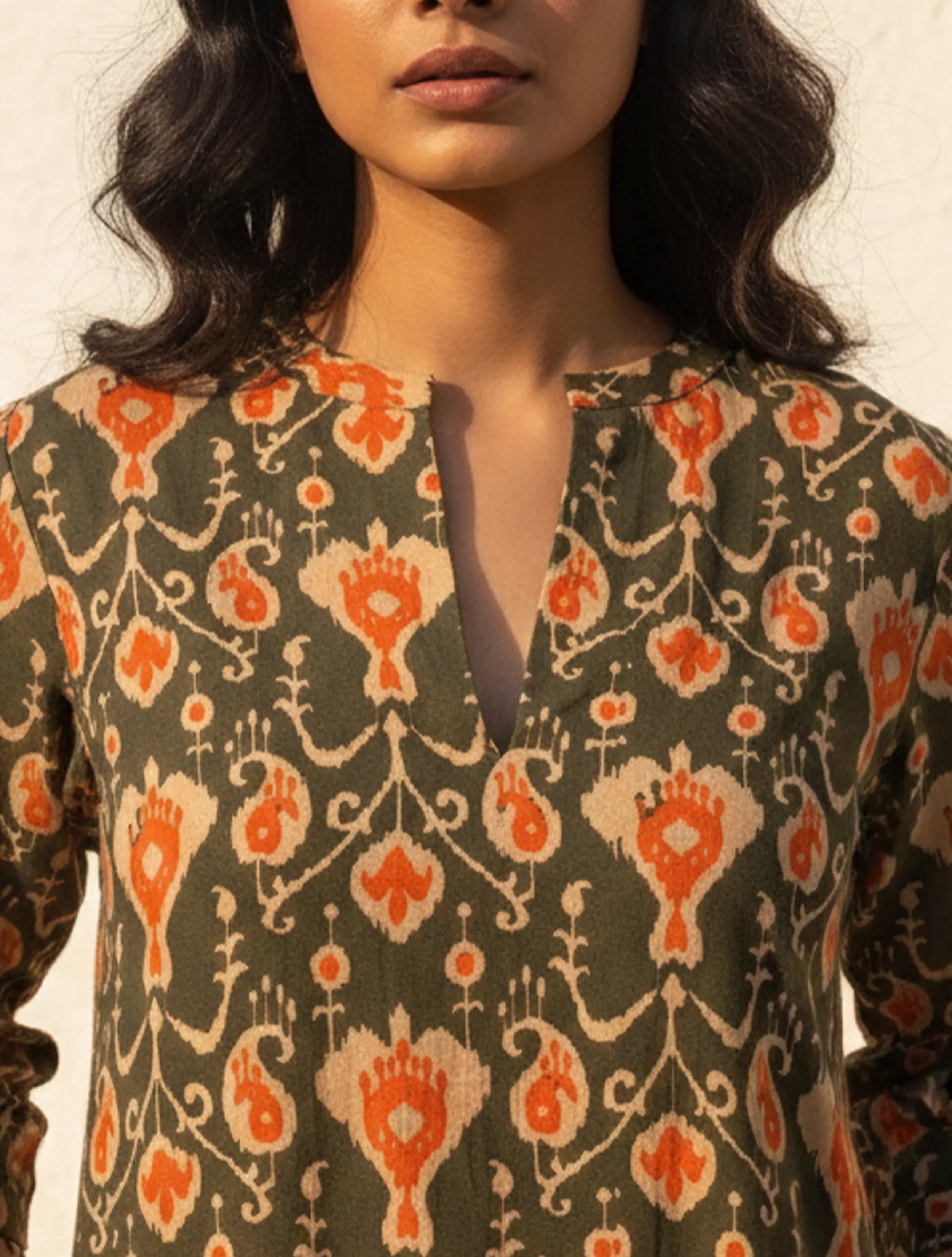 trueBrowns Grey Orange Ikat Print Cotton High-Low Kurta Set