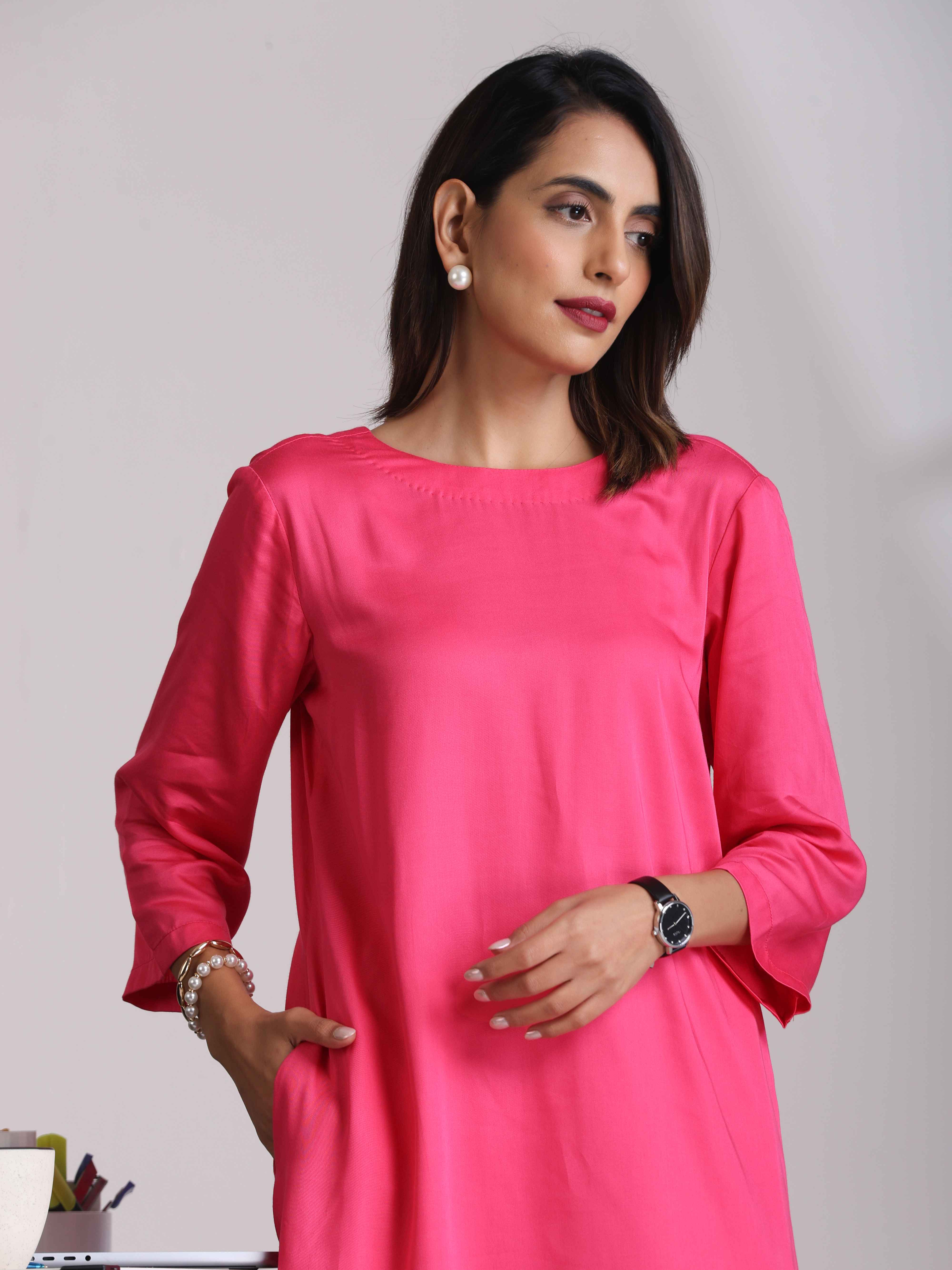 trueBrowns Pink Modal Round Neck Kurta Co-ord Set