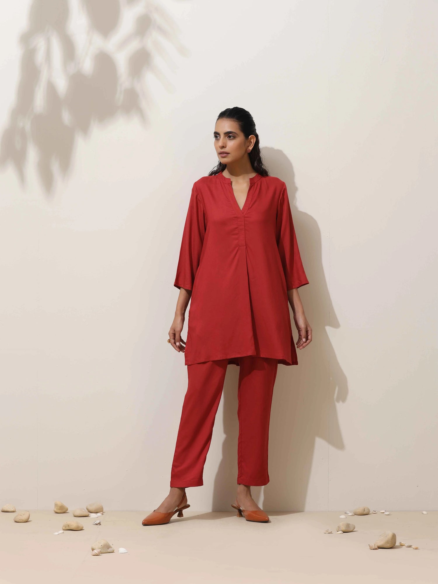 trueBrowns Maroon Viscose Solid Co-ord Set