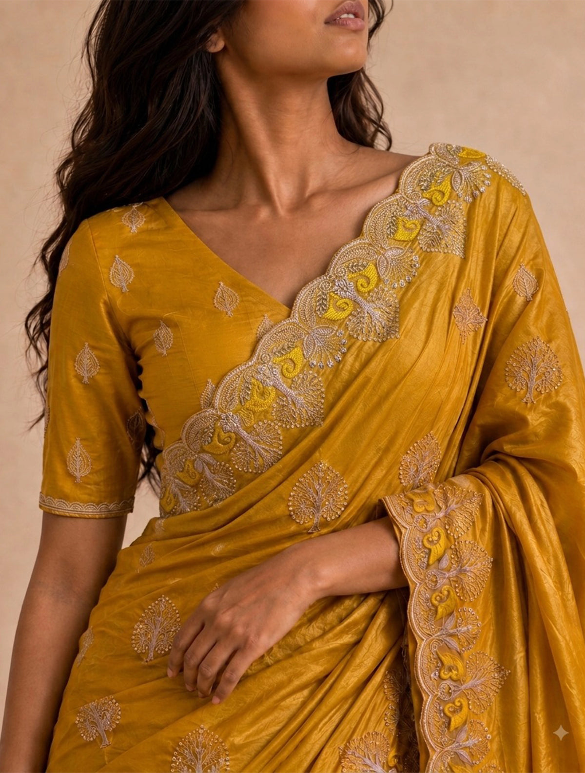 trueBrowns Mustard Paan Embroidered Silk Blend Saree With Unstitched Blouse