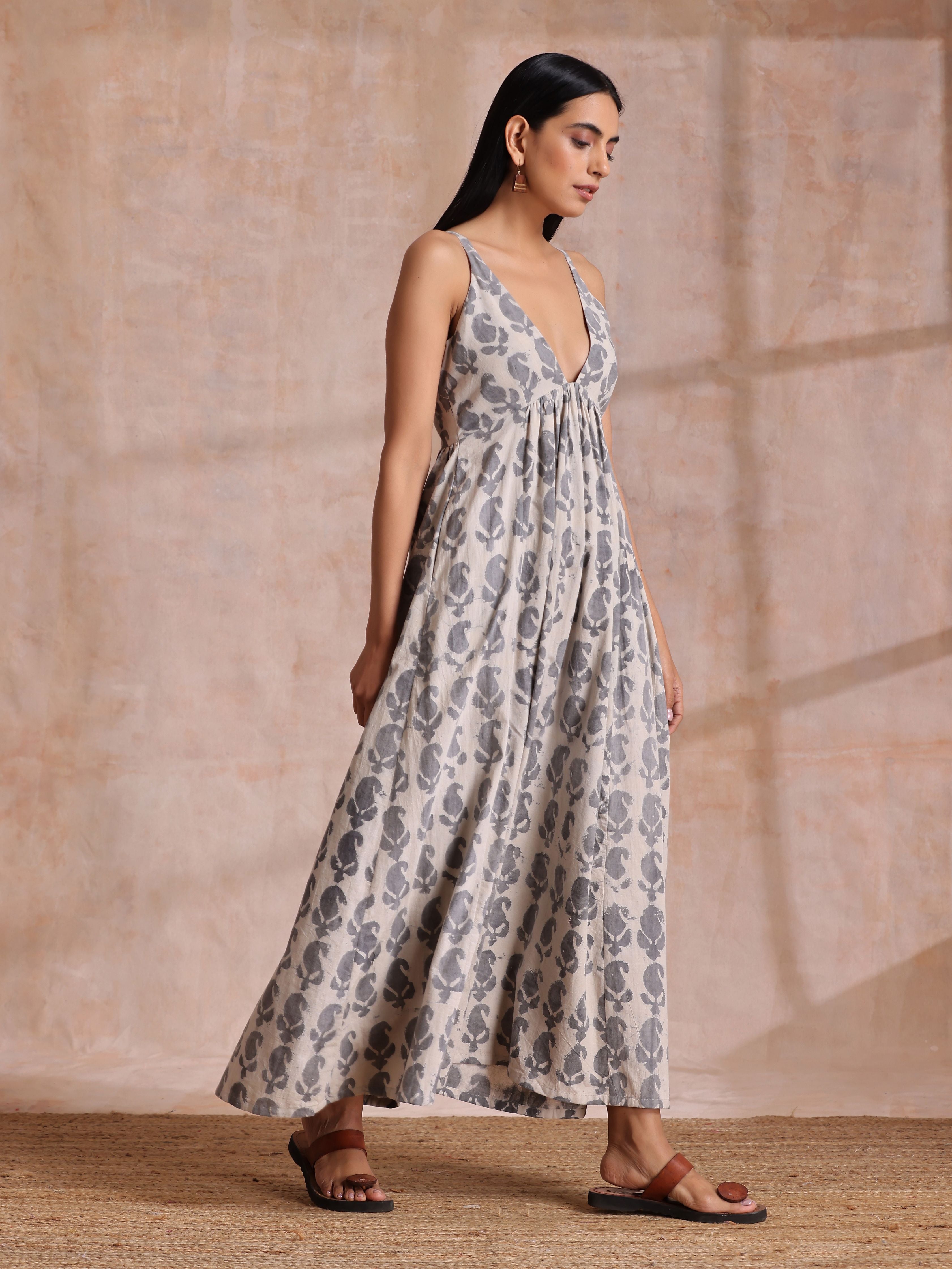 Grey Dabu Buta Print Cotton Sleeveless Dress