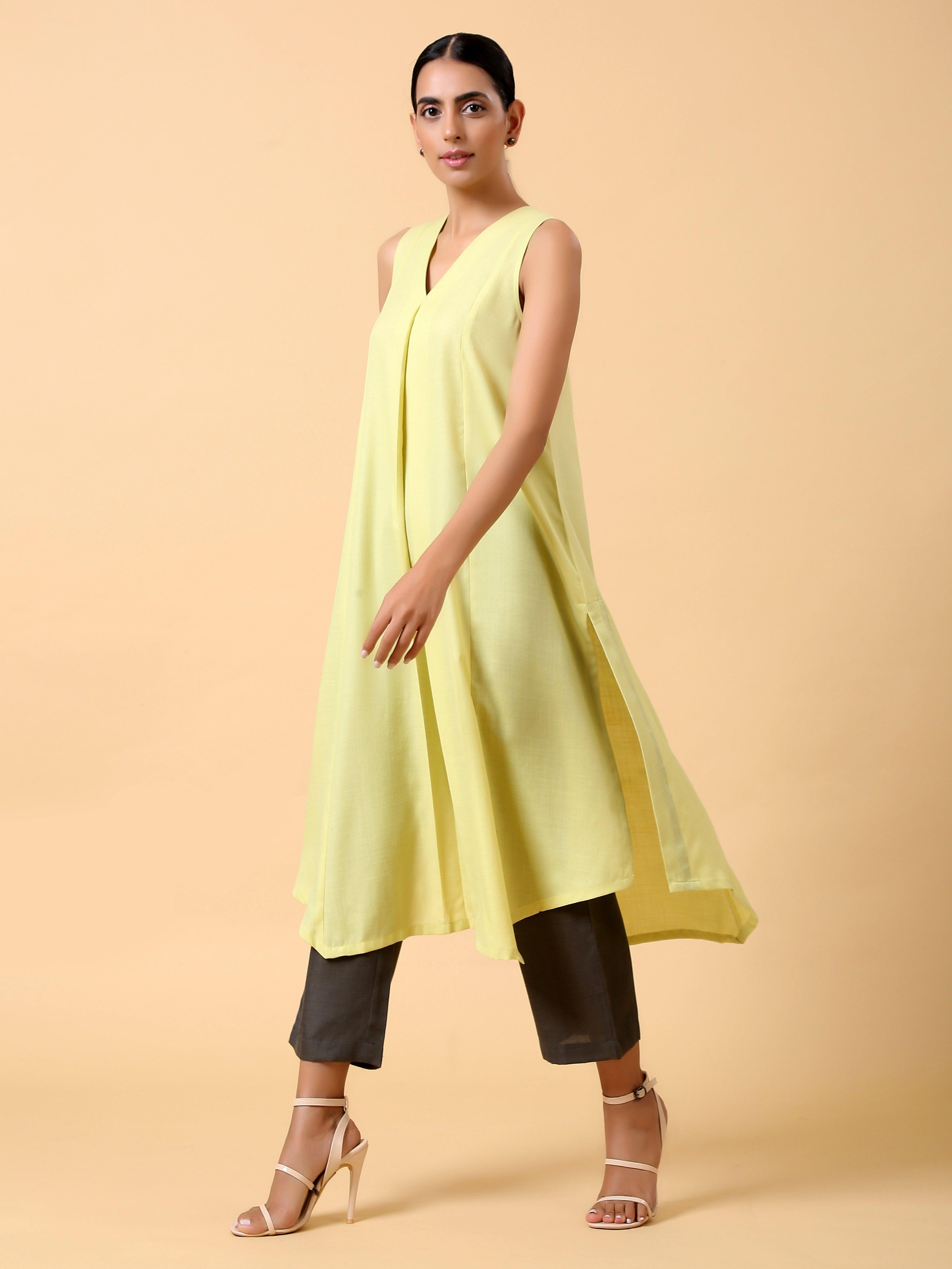 Cotton Linen Light Green Sleeveless Kurta Pant Set - trueBrowns