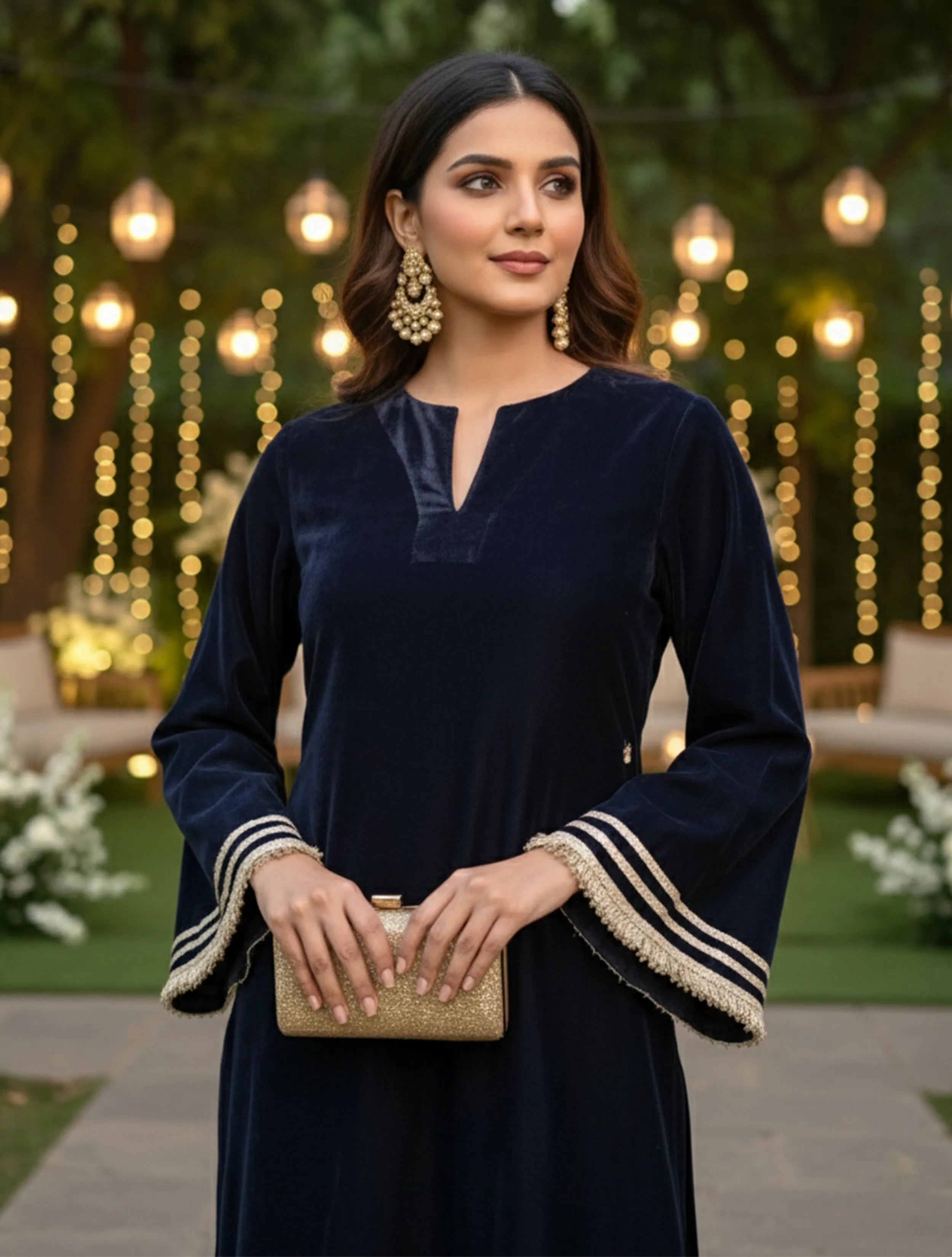 trueBrowns Navy High Slit Velvet Kurta