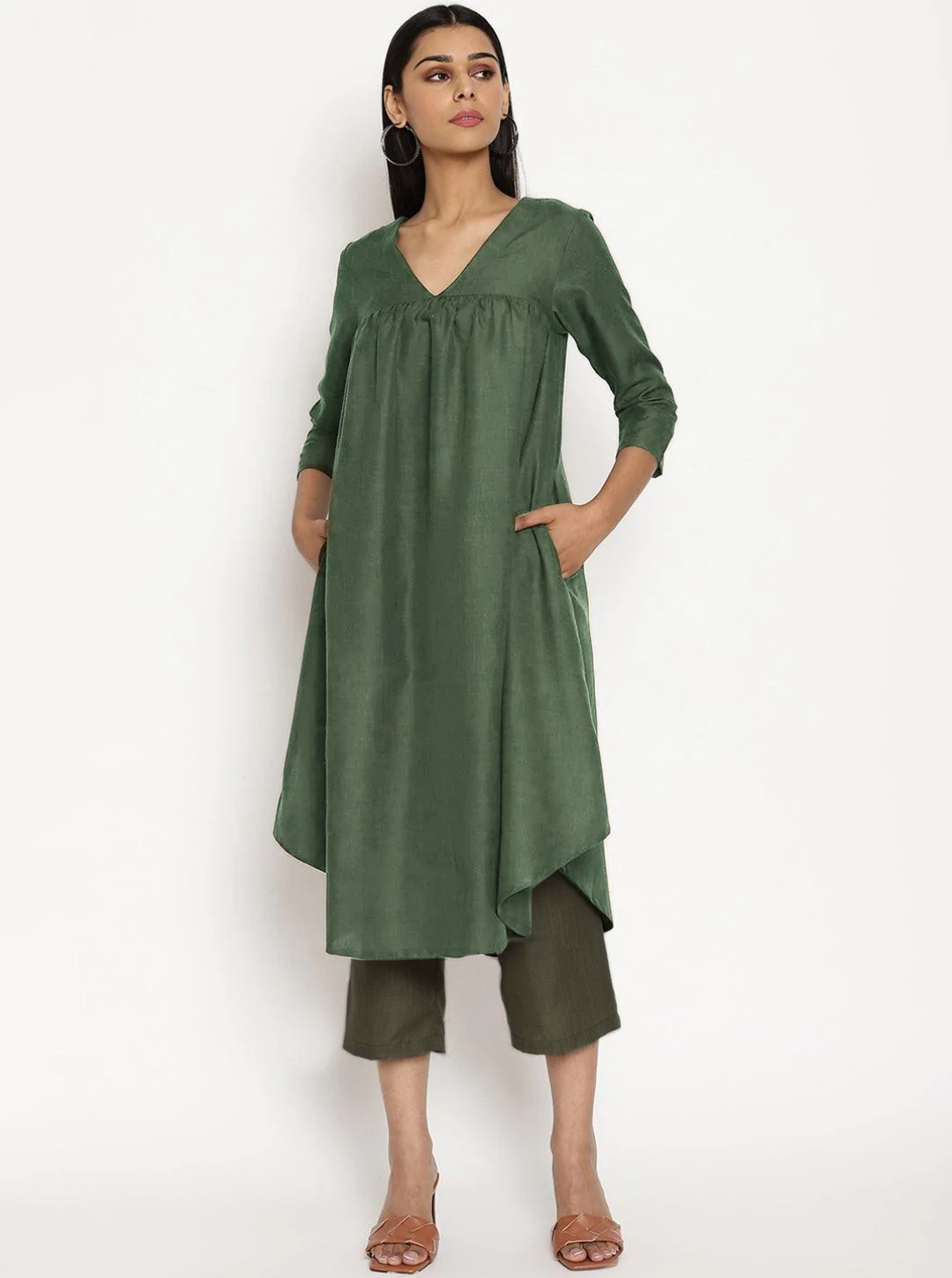 Cotton Linen Light Green Gathered Kurta Pant Set