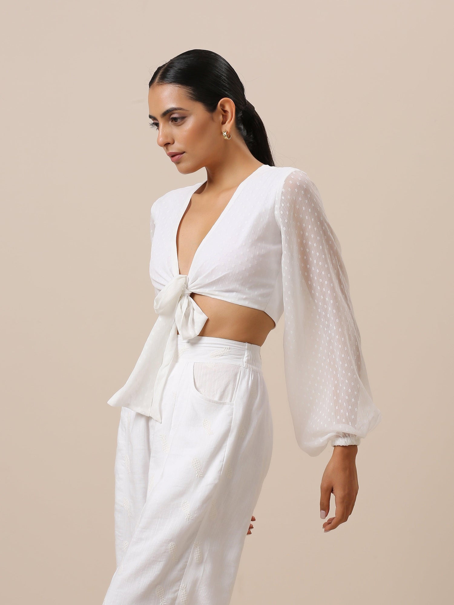 Chiffon White Dobby Tie Up Top - trueBrowns