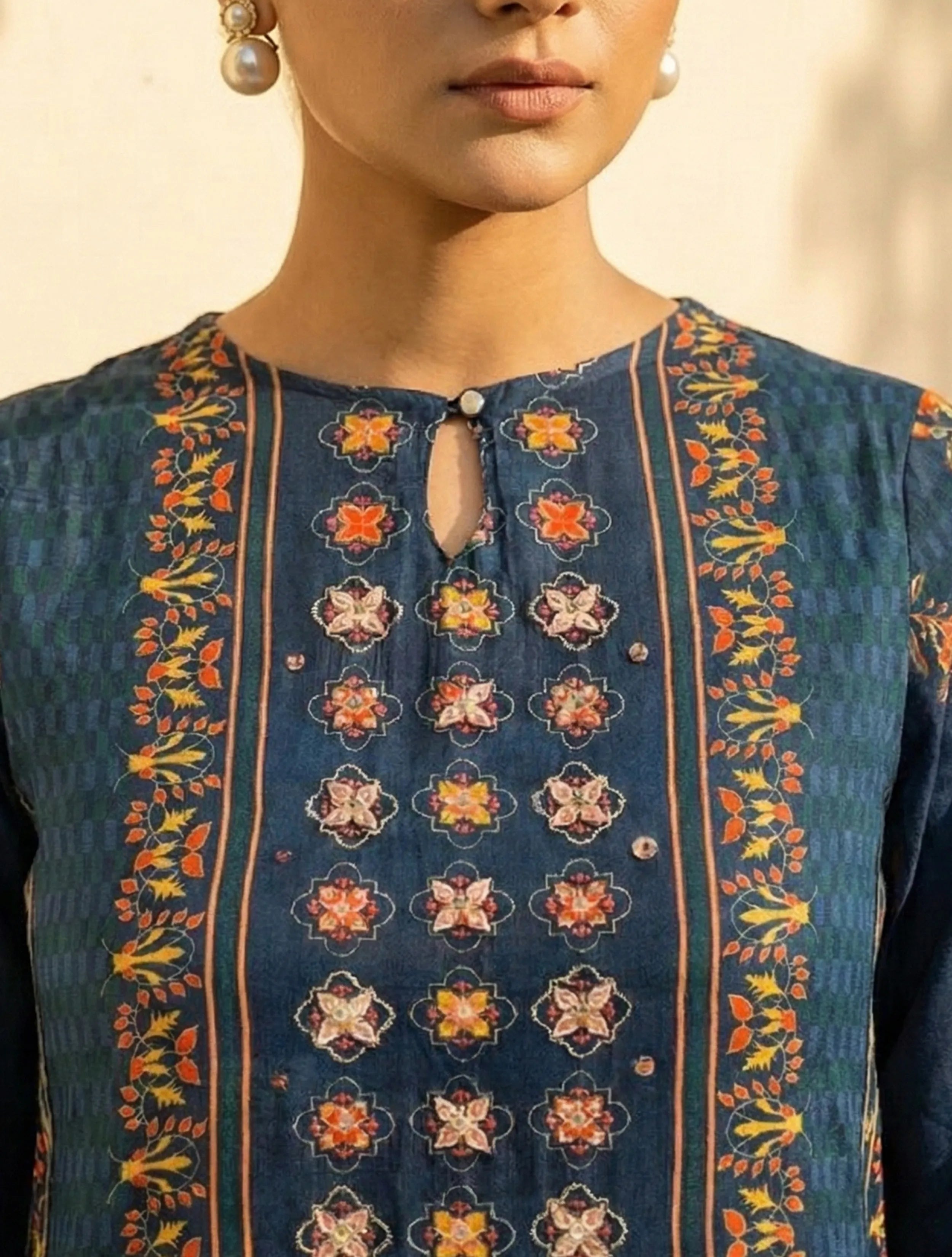 trueBrowns Blue Print Embroidered Straight Kurta Pant Dupatta Set