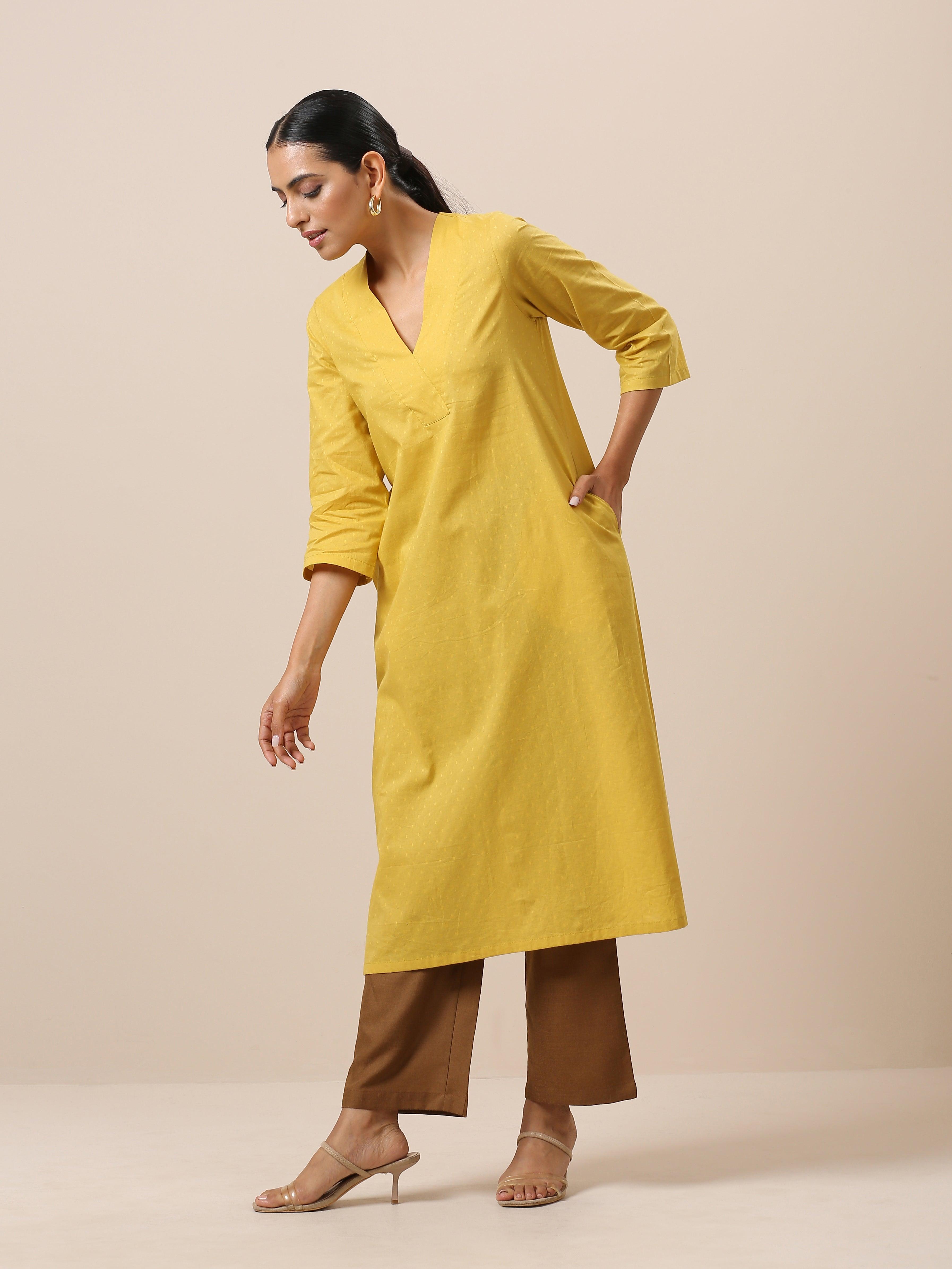 Cotton Dobby Yellow Kurta Pant Set - trueBrowns
