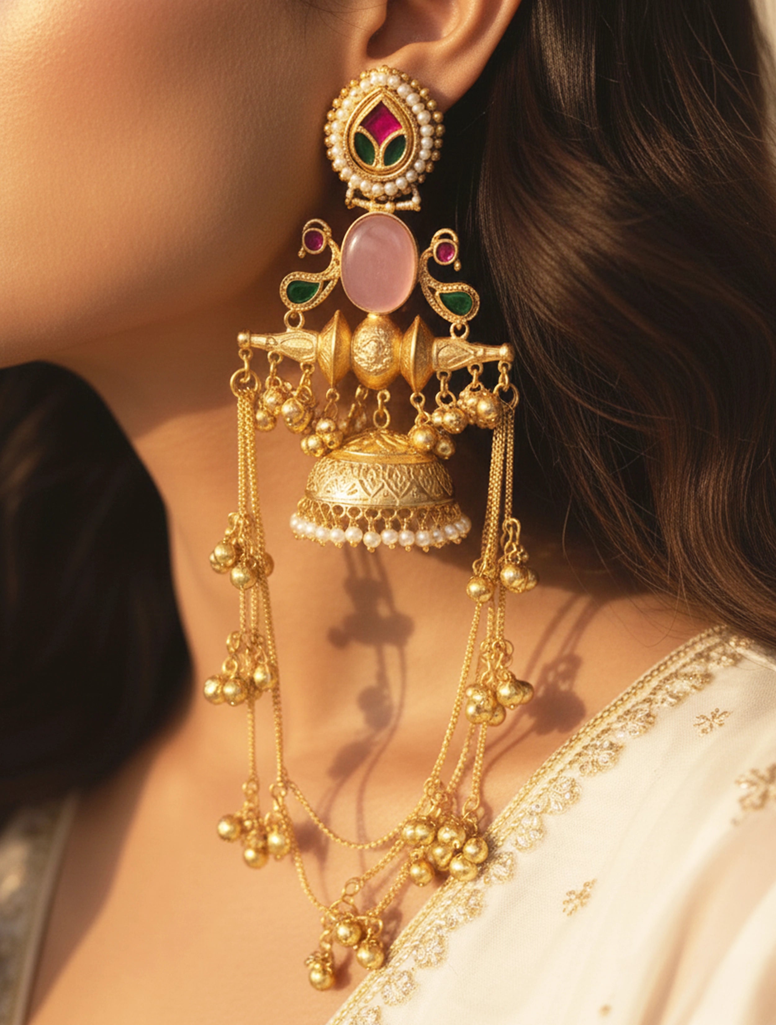 trueBrowns Kashmiri Pink Jhumka Drop Earrings