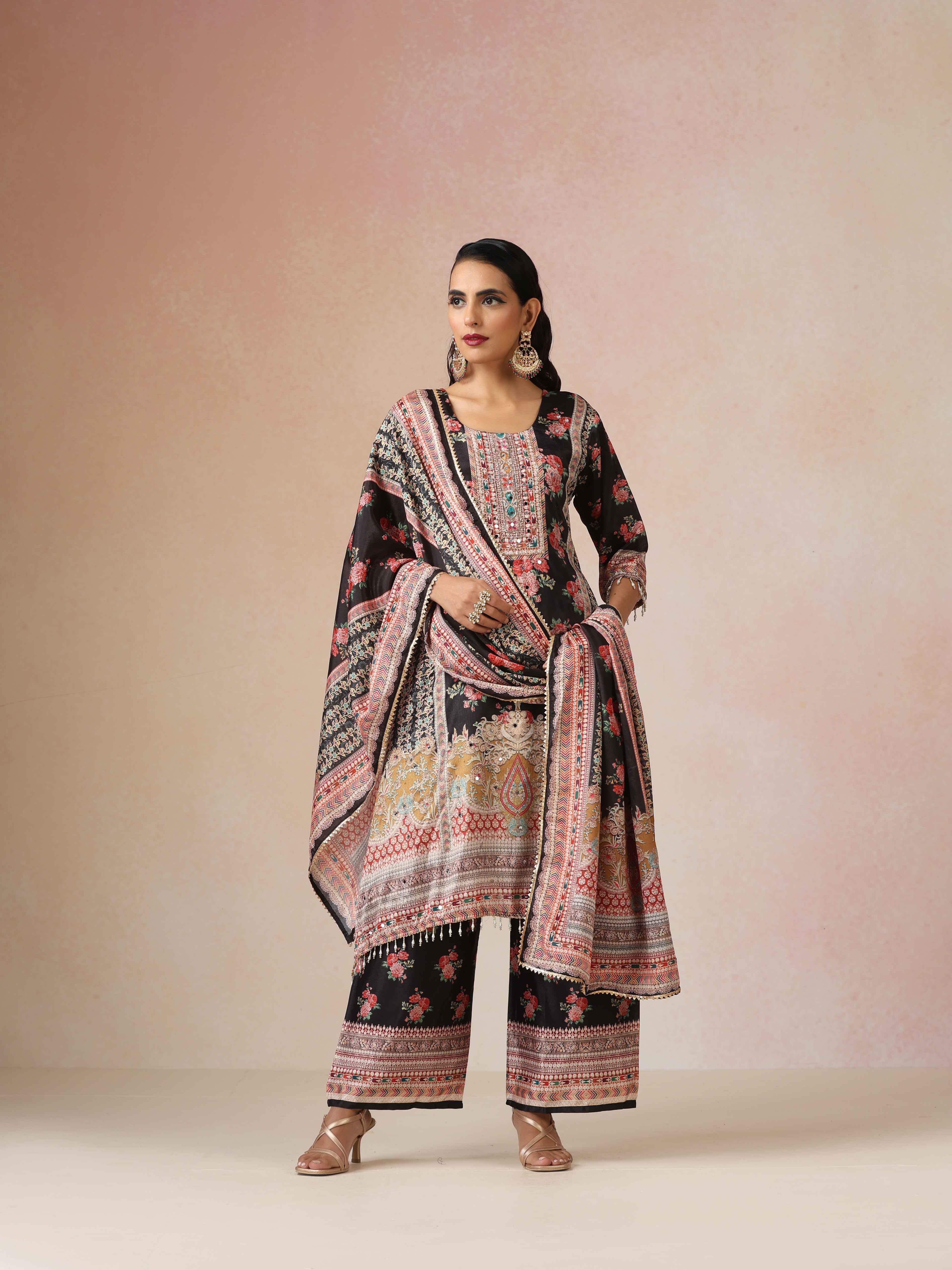 trueBrowns Black Print A-Line Kurta 3pc Set