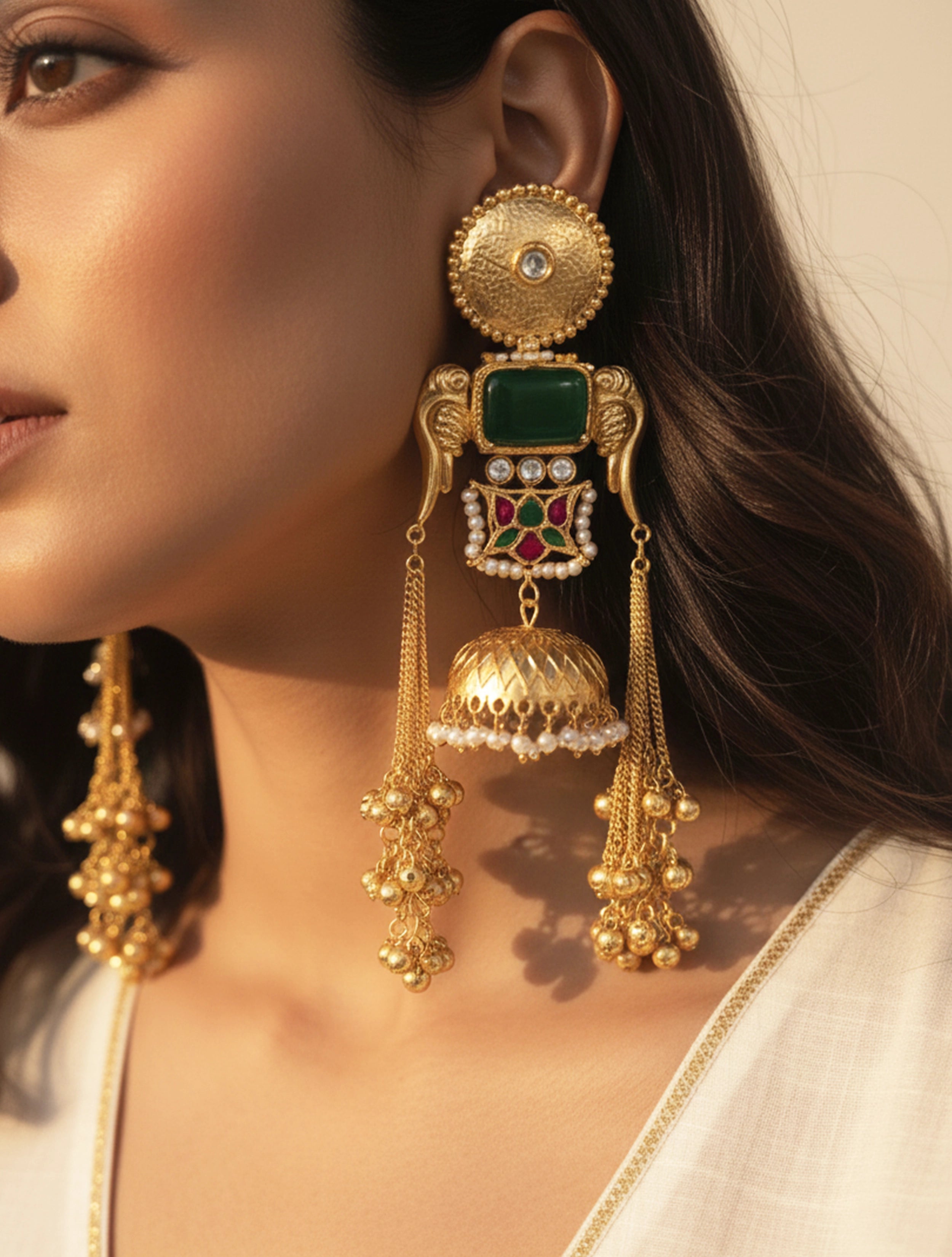 trueBrowns Kashmiri Green Stone Drop Earrings