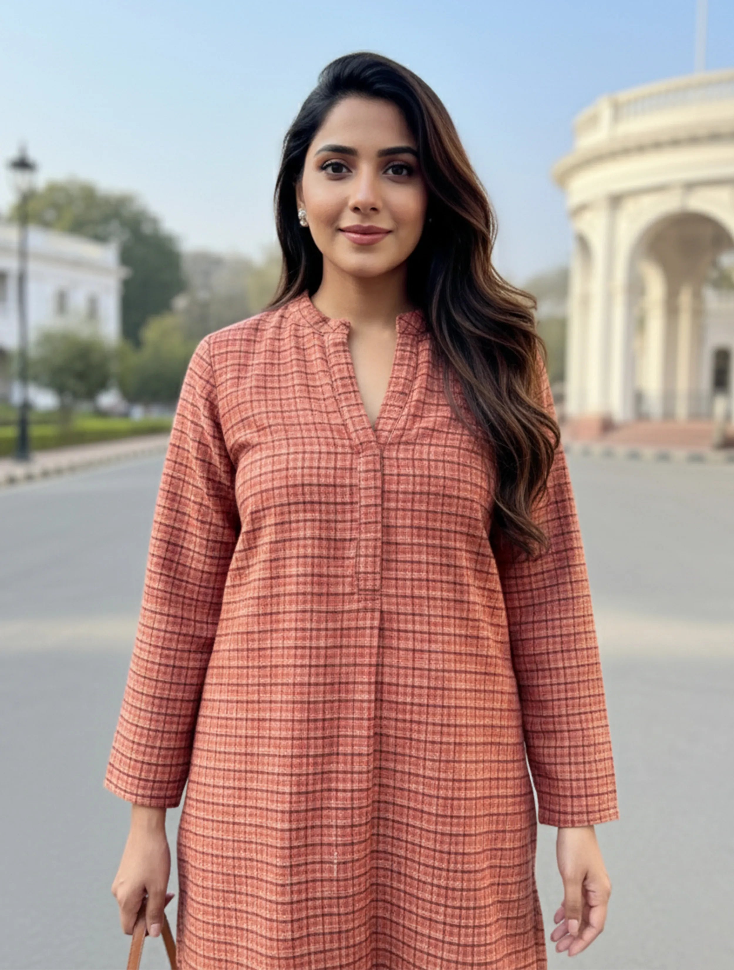 trueBrowns Maroon Check Round V-Neck Top