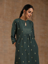 Dark Green Gold Cotton Yoke Kurta Set