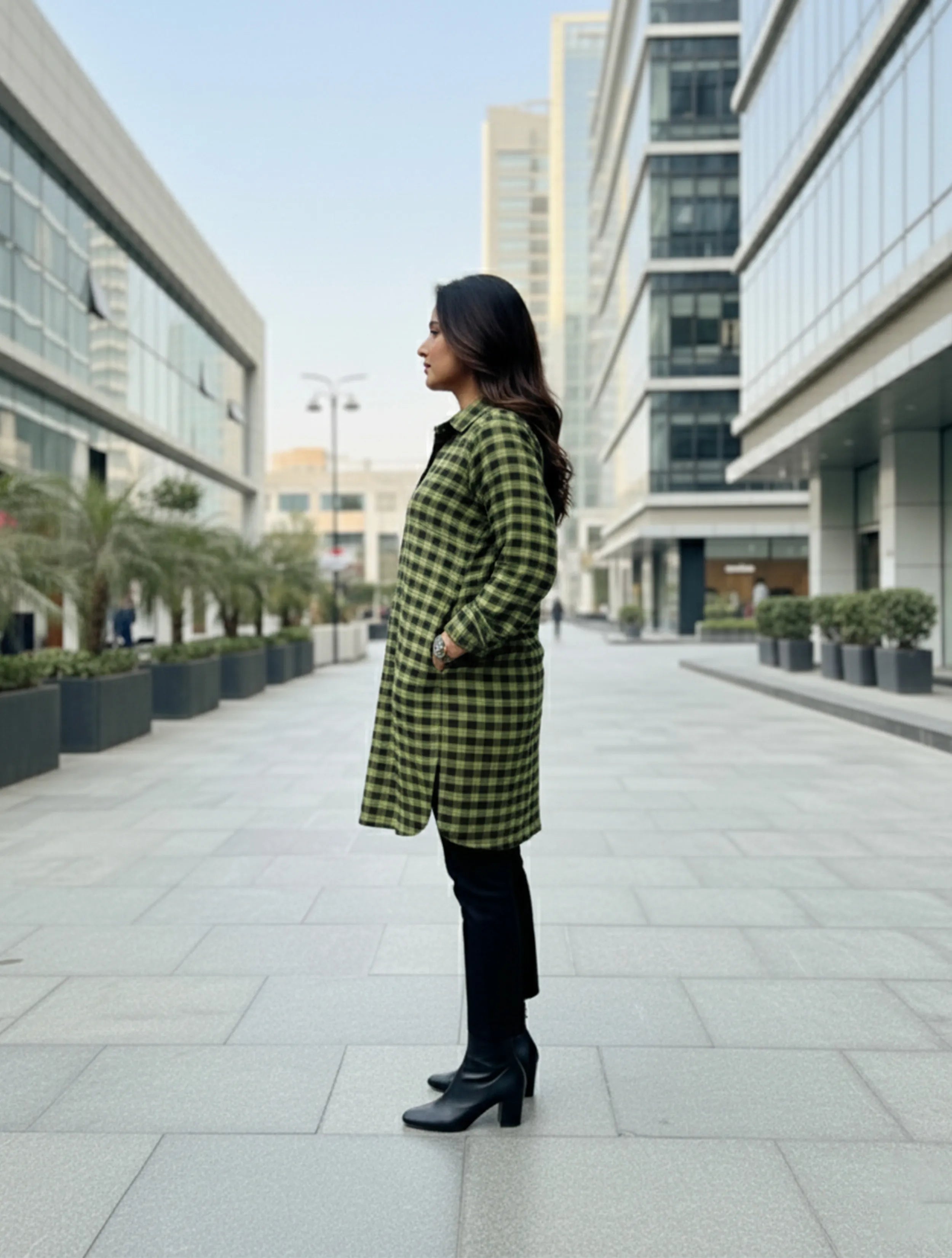 trueBrowns Green Black Check Short Kurta