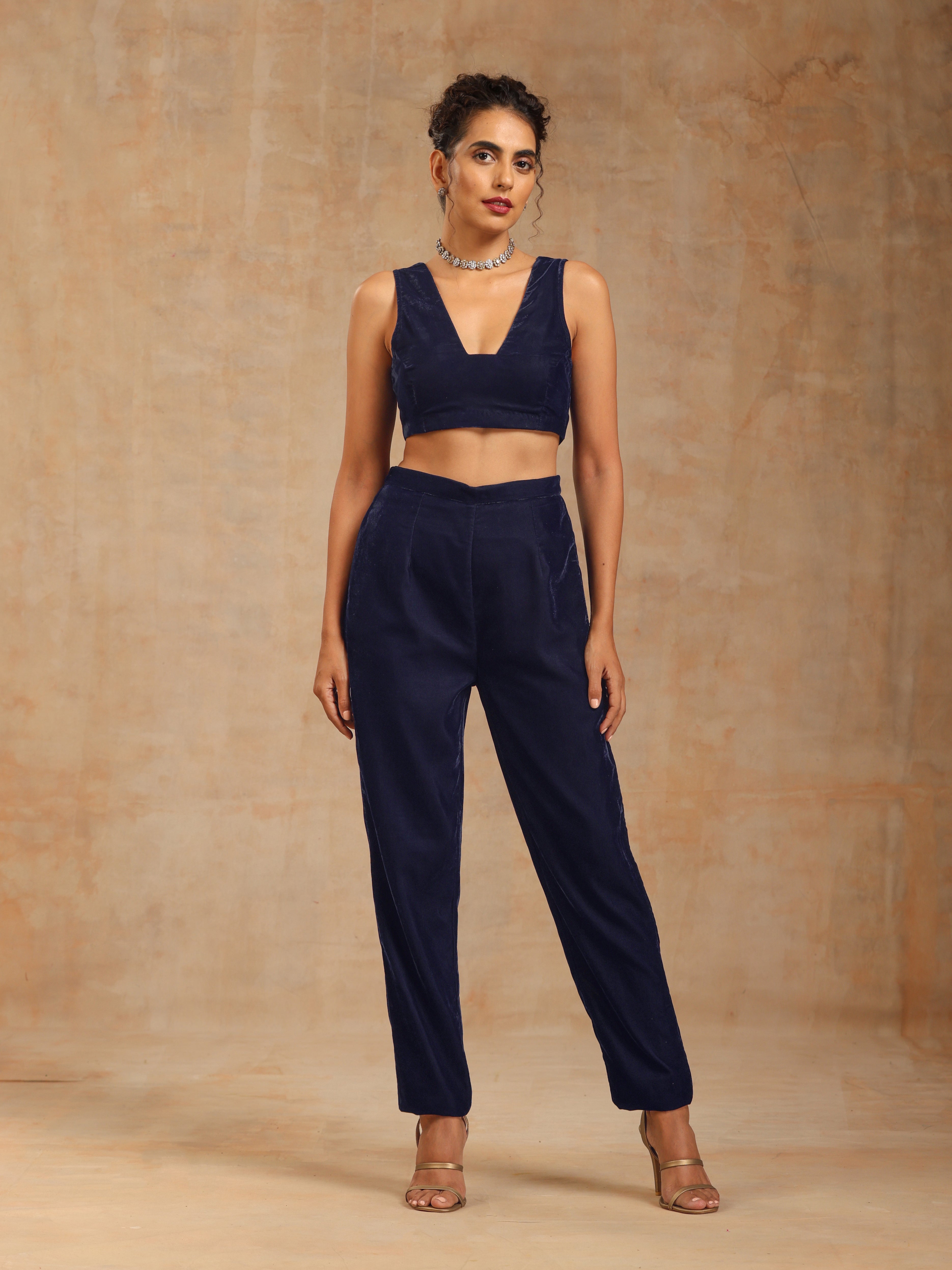 trueBrowns Midnight Blue Velvet Embroidered Jacket Set | Relove