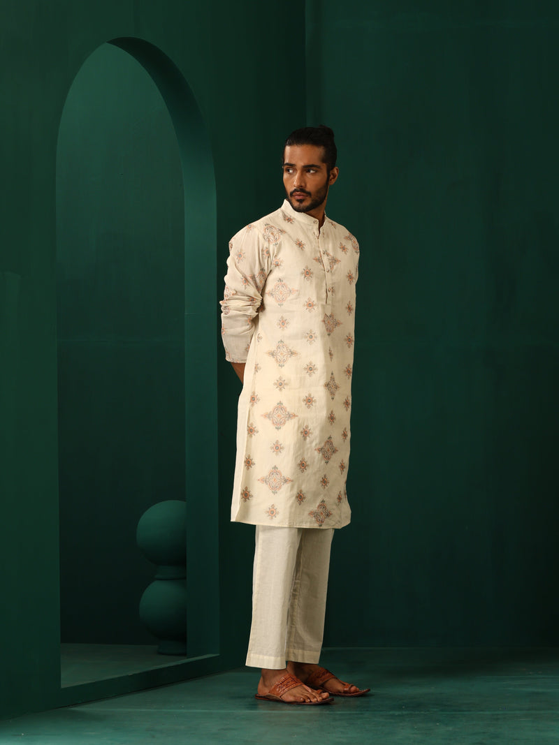 trueBrowns Men Ivory Peach Embroidered Kurta