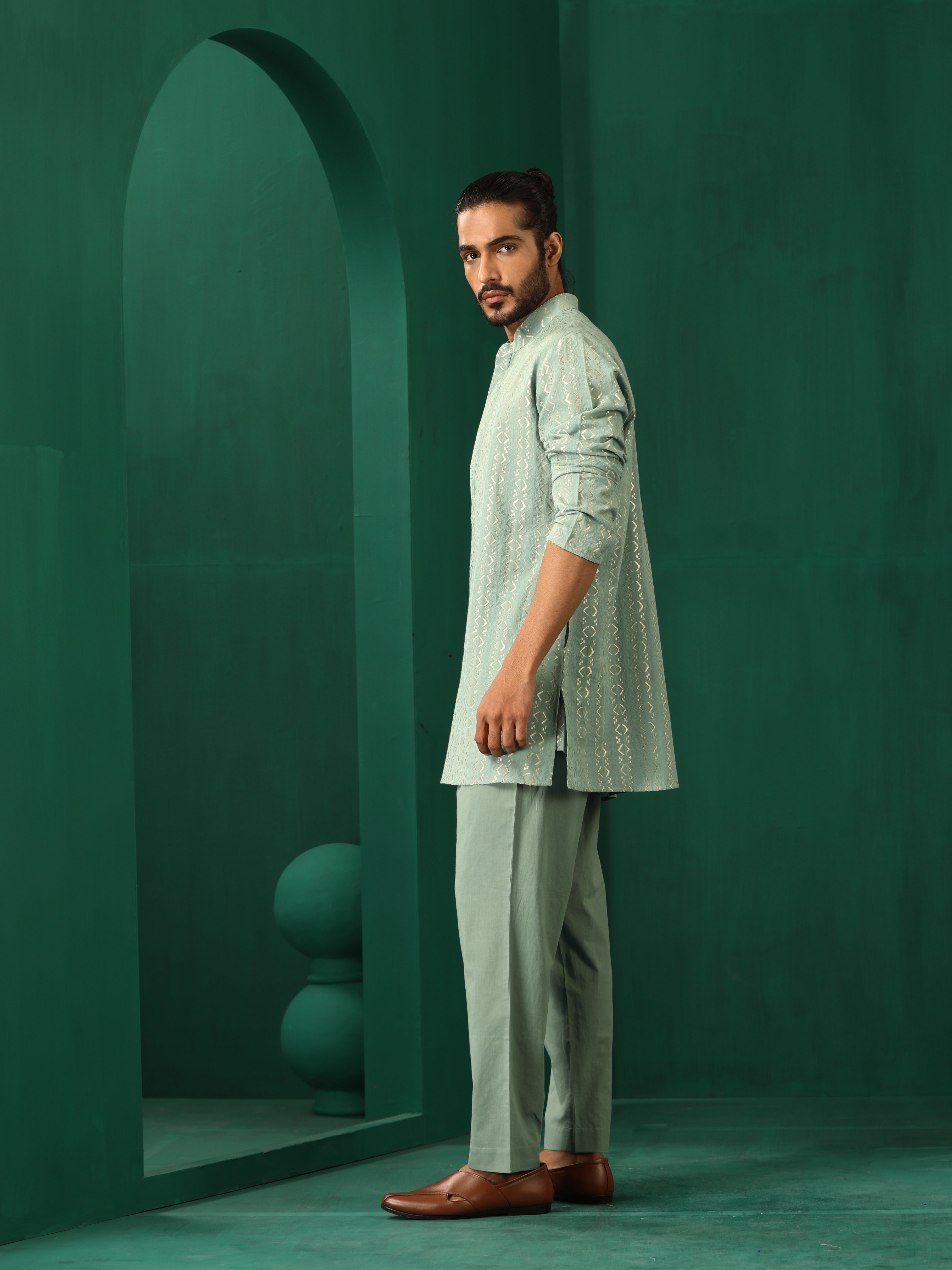 trueBrowns Men Mint Green Dobby Co-ord Set