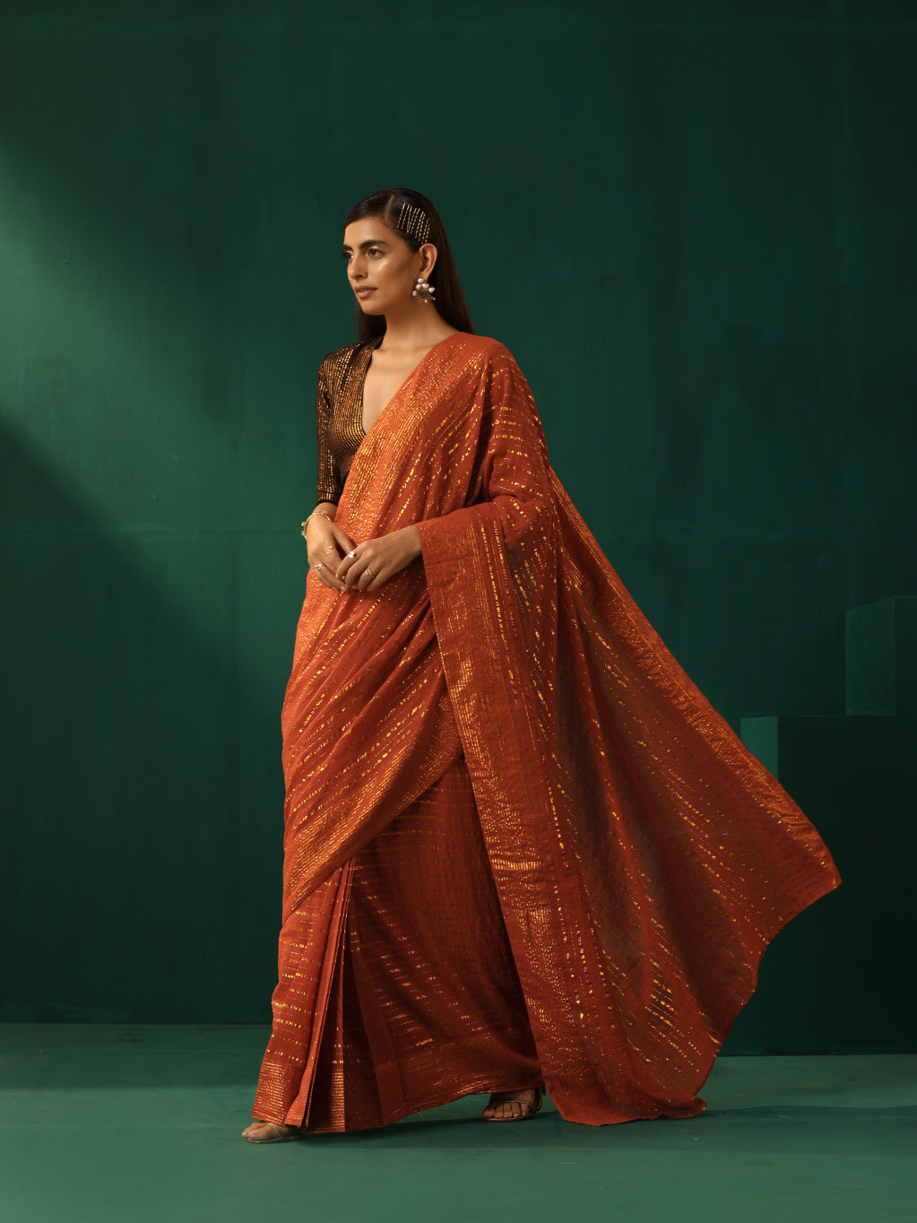 trueBrowns Rust Cotton Gold Striped Saree With Unstitched Blouse
