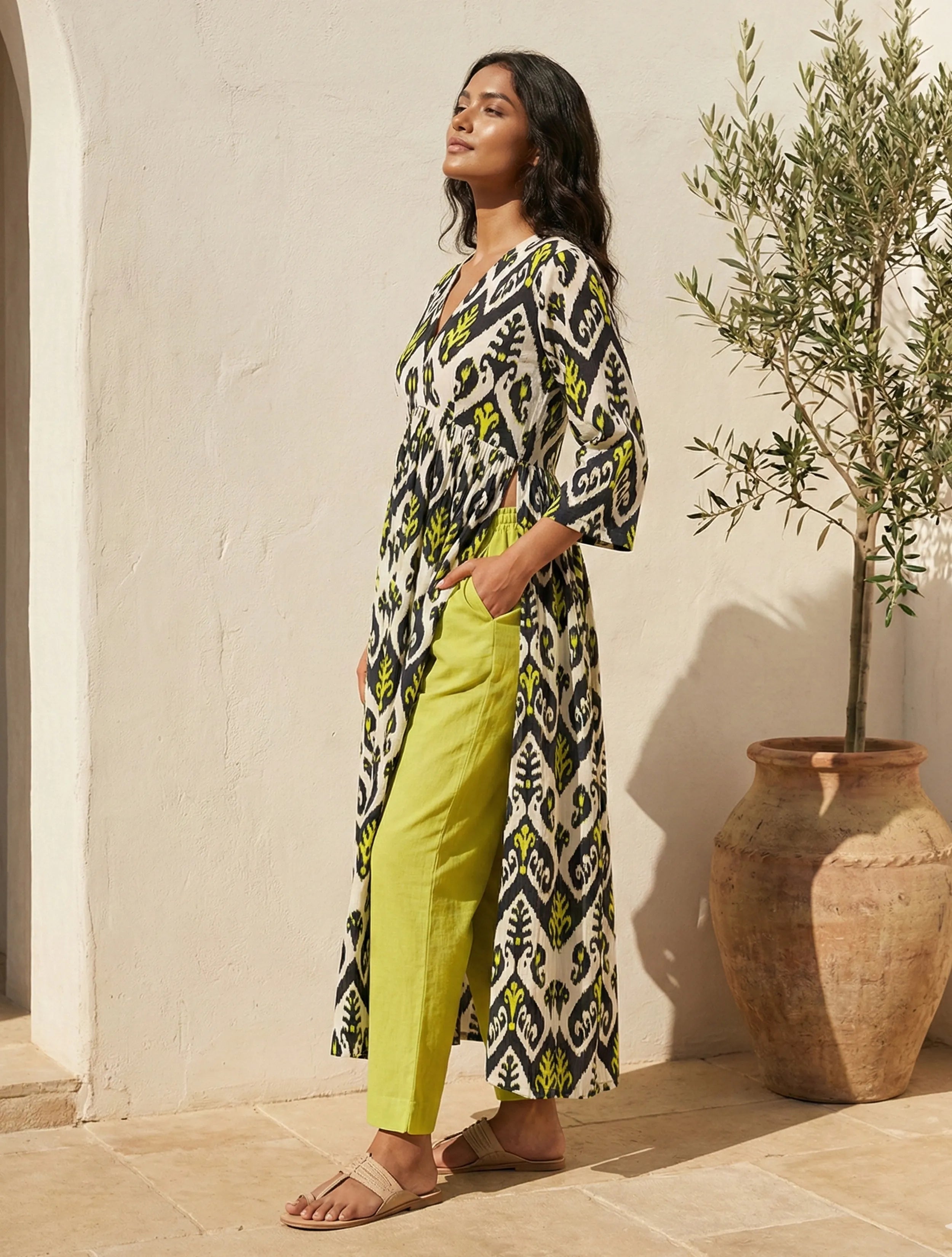 trueBrowns Black White Ikat Print Cotton Anarkali High-Slit Kurta Set