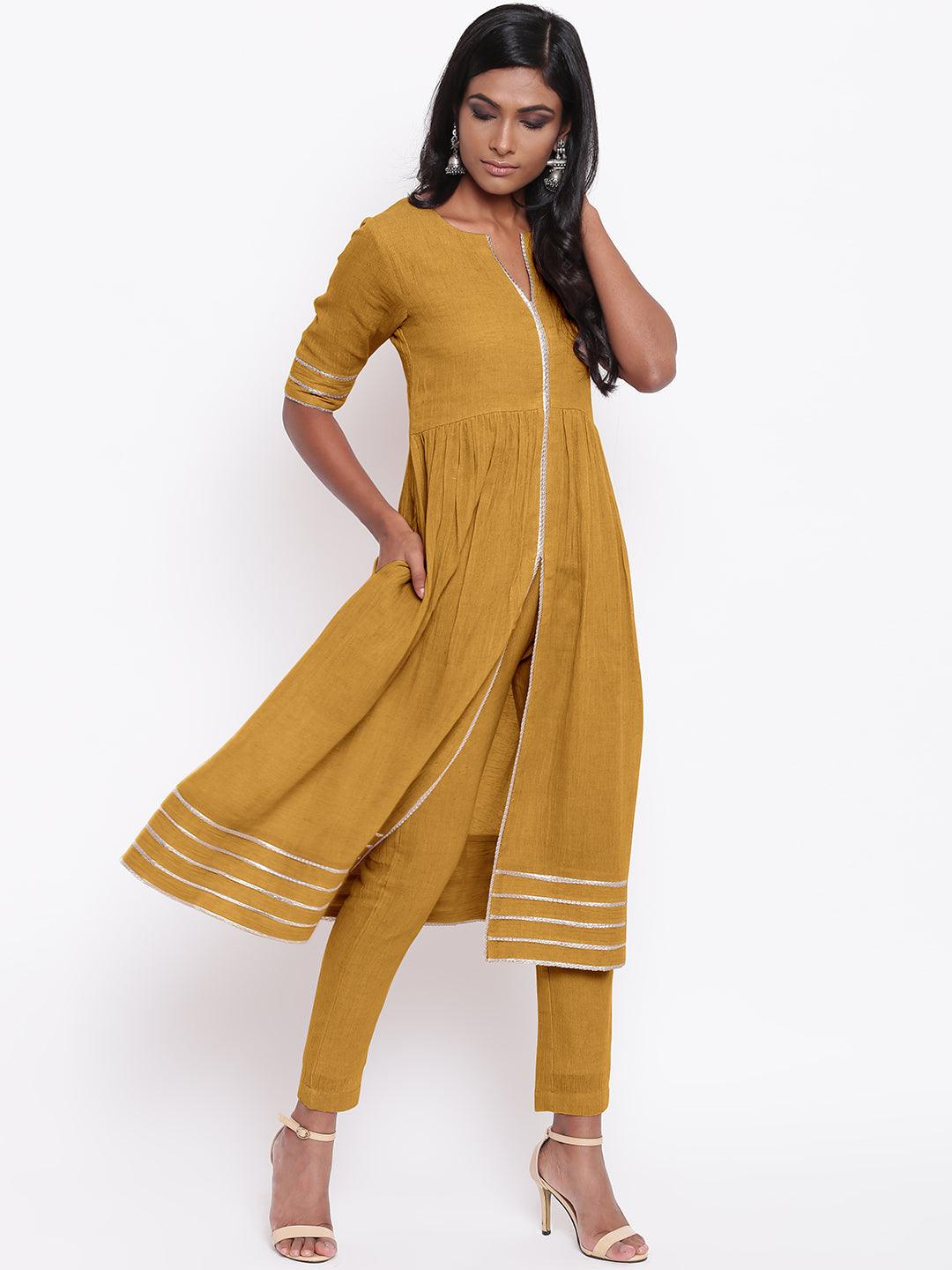 Pure Cotton Beige Gota Slit Kurta Set - trueBrowns