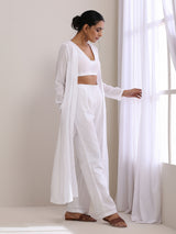 White Dobby Overlay Jacket Blouse Pant Set